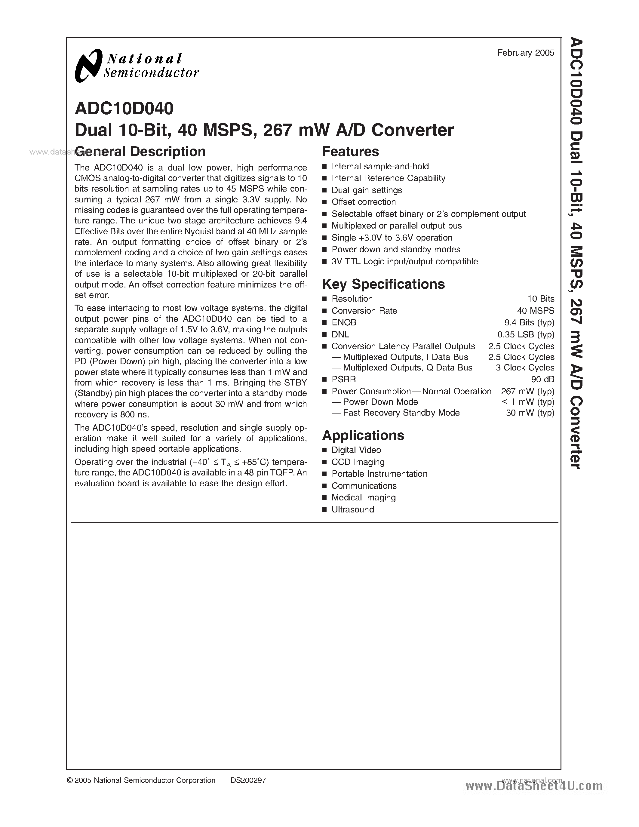 Datasheet ADC10D040 page 1 Datasheet ADC10D040 - A/D Converter page 1