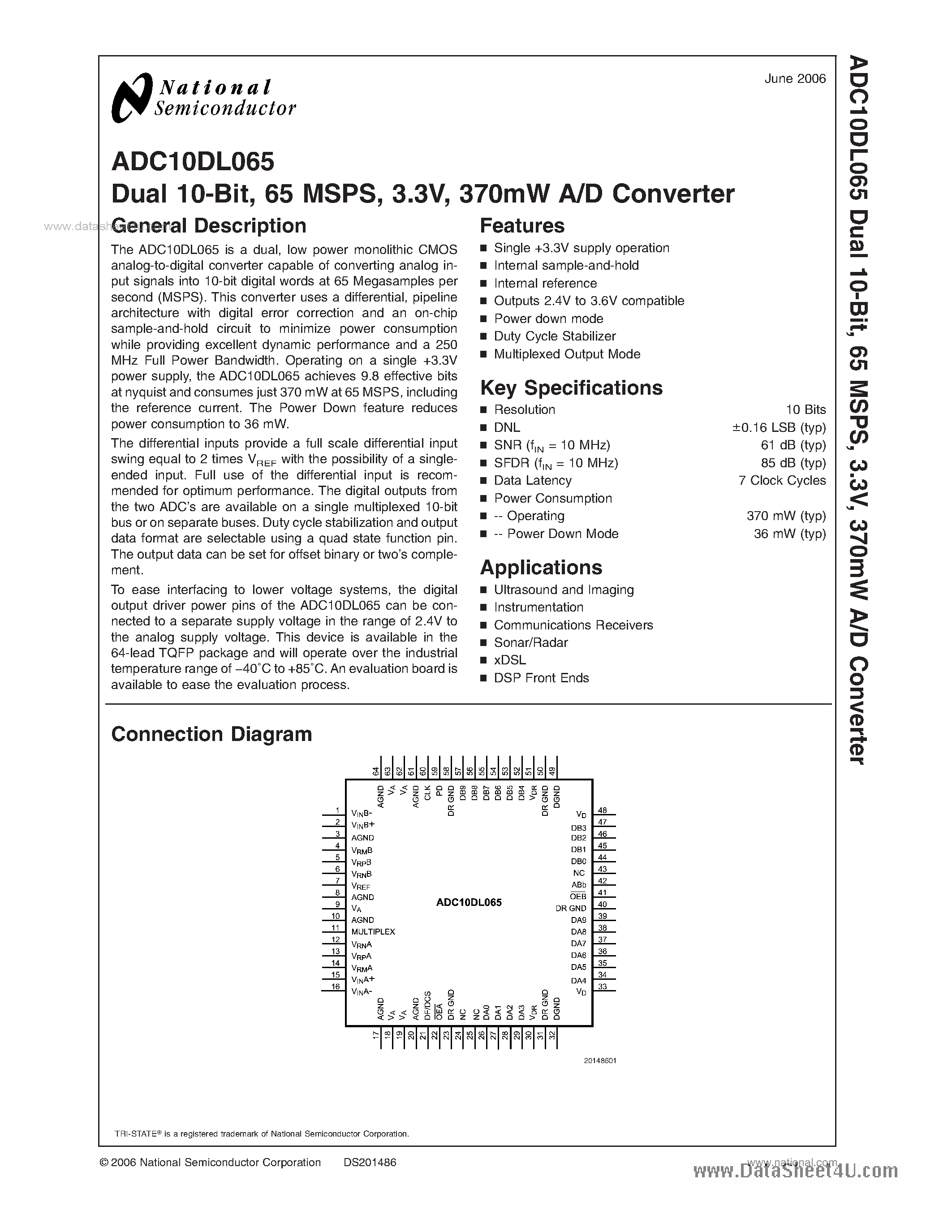 Datasheet ADC10DL065 - A/D Converter page 1