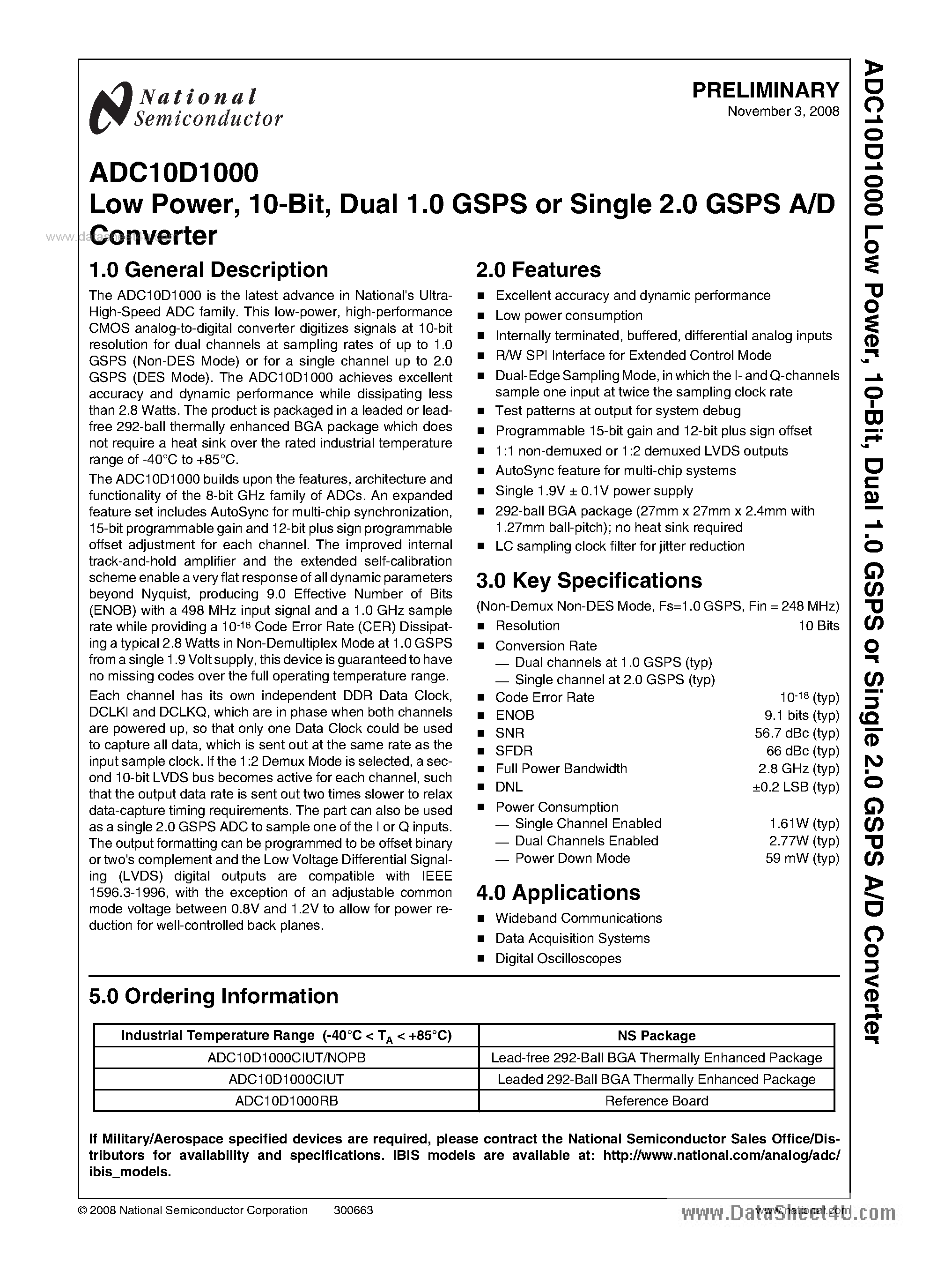 Datasheet ADC10D1000 - Dual 1.0 GSPS Or Single 2.0 GSPS A/D Converter page 1