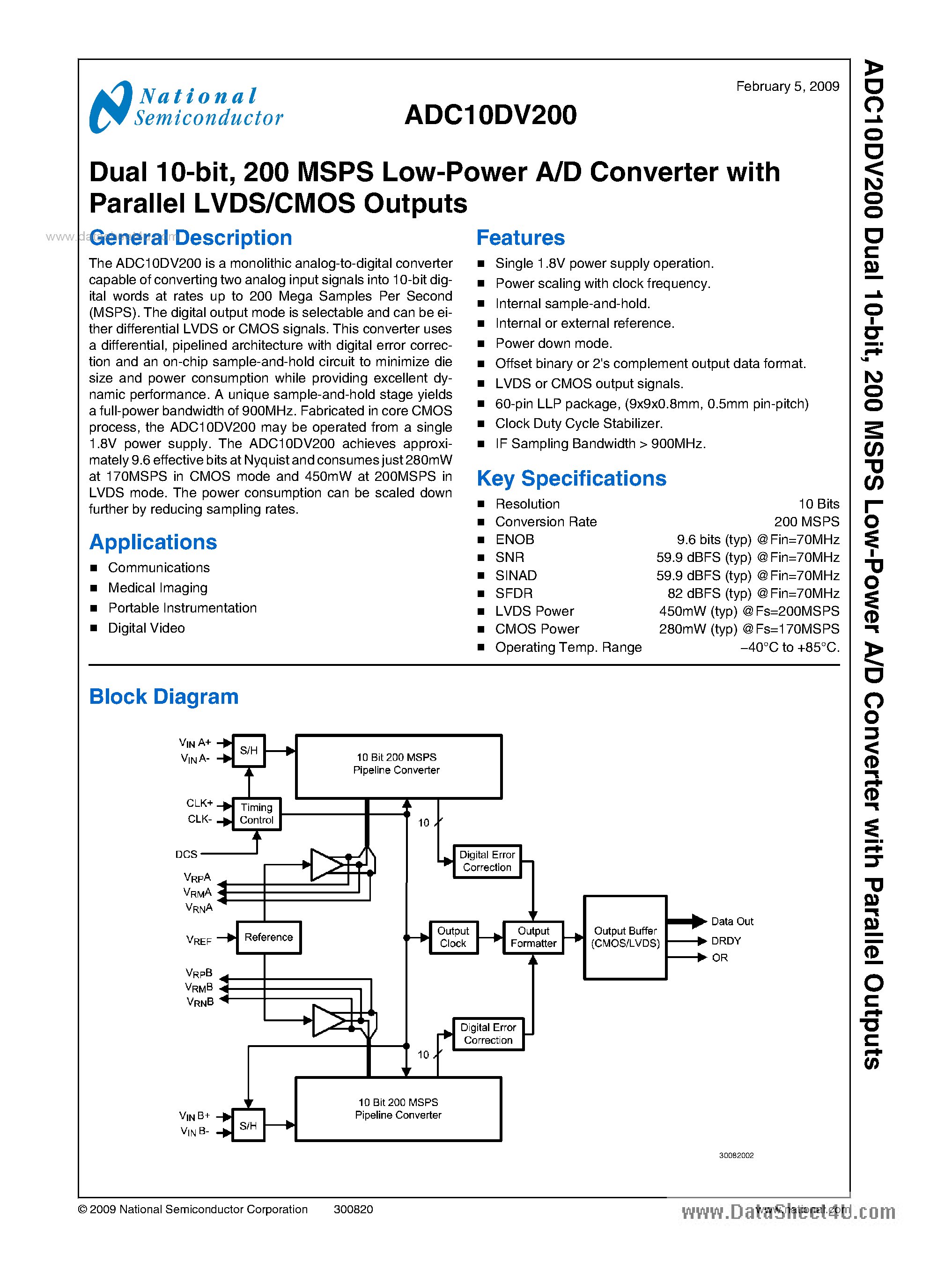Datasheet ADC10DV200 - 200 MSPS Low-Power A/D Converter page 1