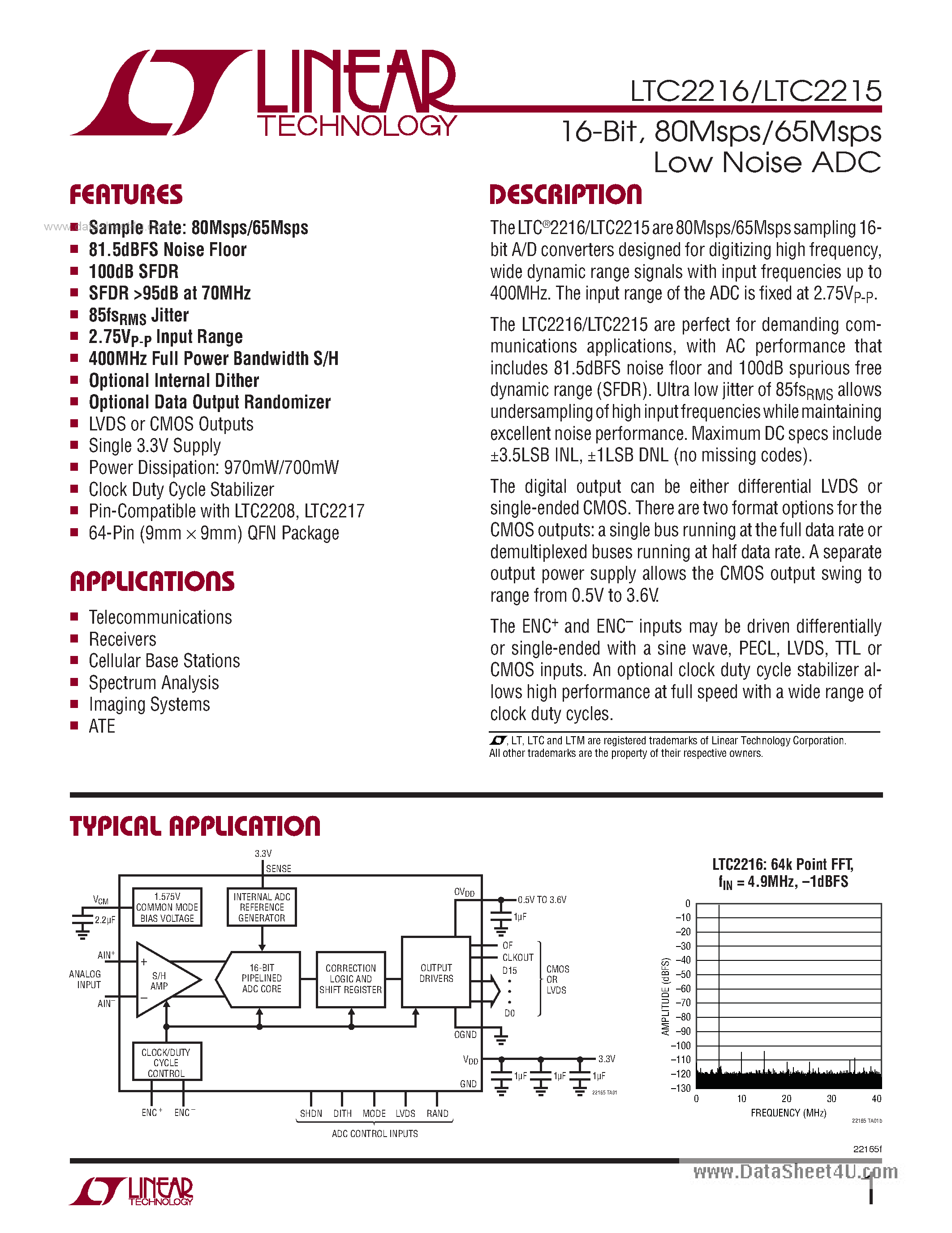 Datasheet LTC2215 - (LTC2215 / LTC2216) 80Msps/65Msps Low Noise ADC page 1