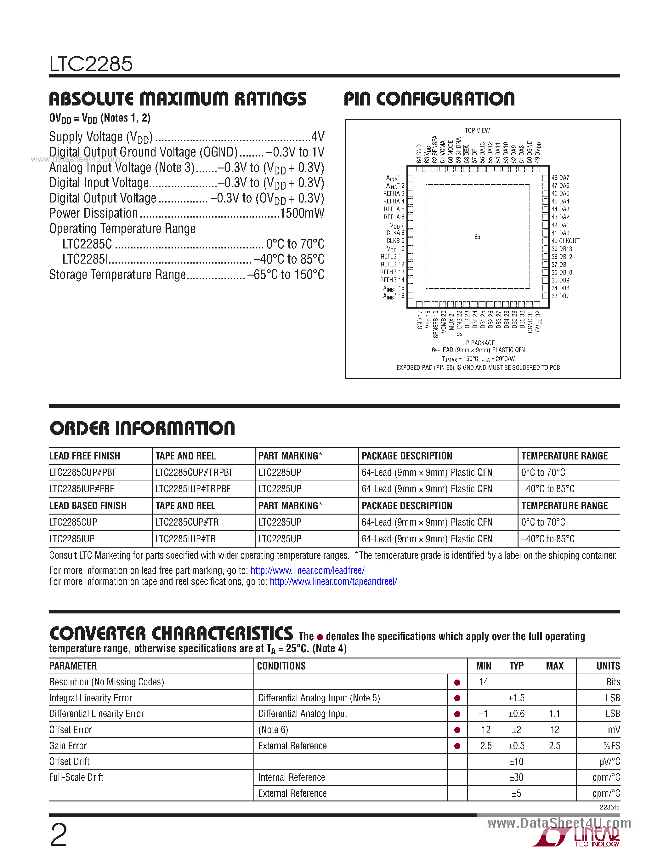 Datasheet LTC2285 - 125Msps Low Power 3V ADC page 2