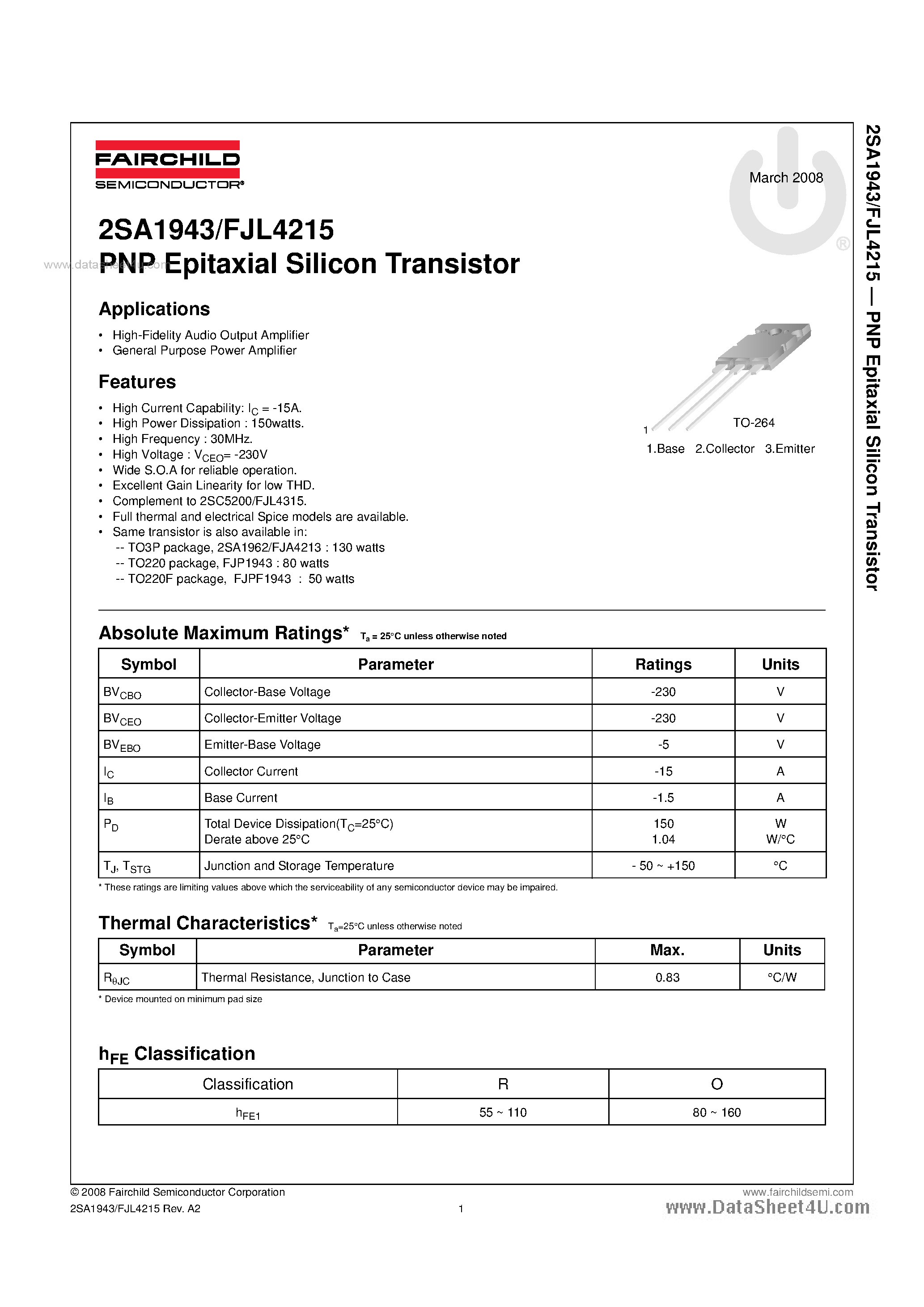 Datasheet 2SA1943 - PNP Epitaxial Silicon Transistor page 1