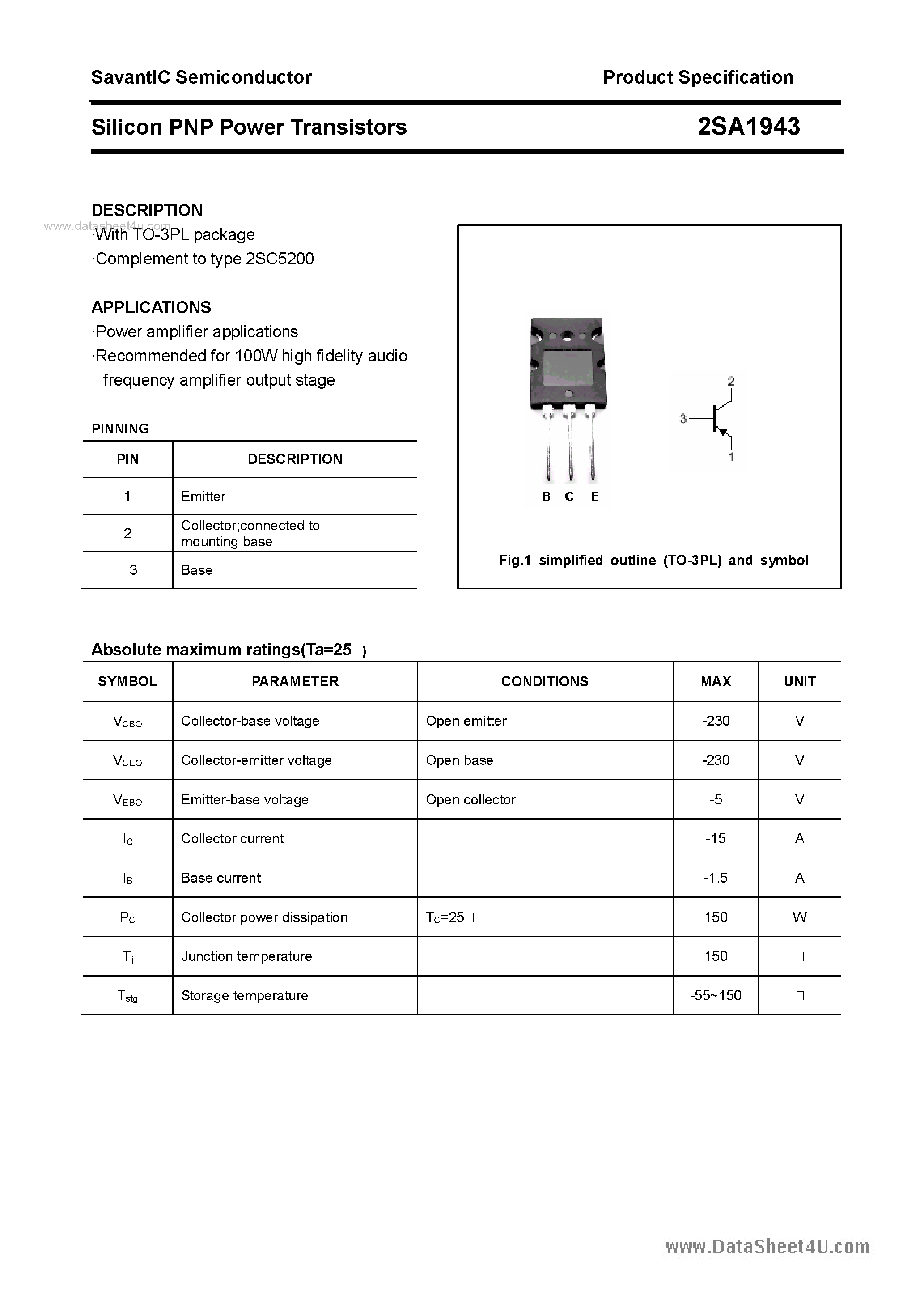 Datasheet 2SA1943 page 1 Datasheet 2SA1943 - Silicon PNP Power Transistors page 1