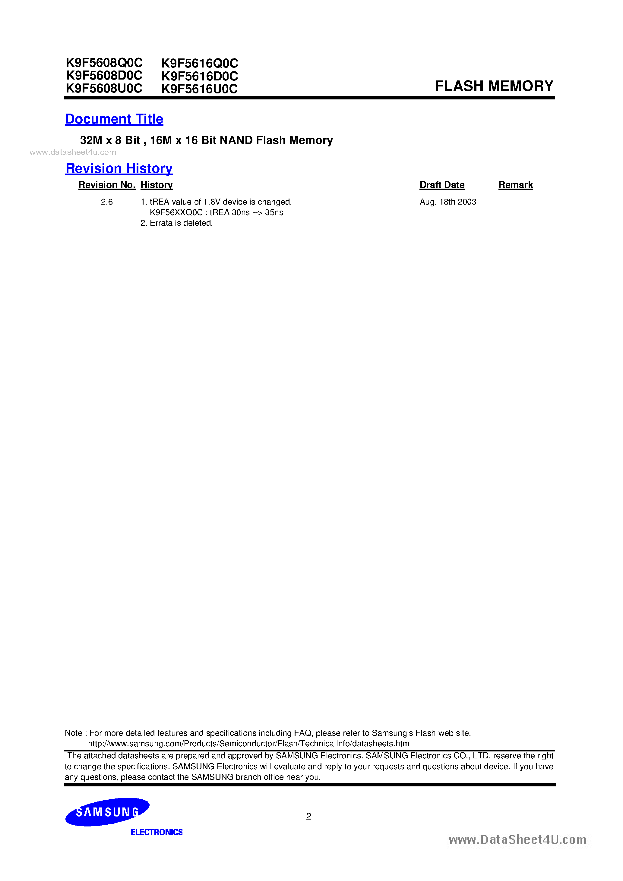 Datasheet K9F5608DOC - (K9F5608xOC / K9F5616xOC) 32M x 8 Bit 16M x 16 Bit NAND Flash Memory page 2
