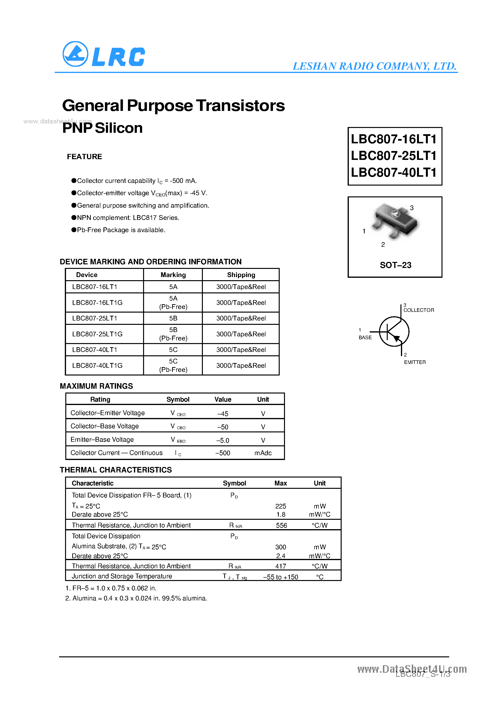 Даташит на микросхему LBC807-16LT1 страница 1 Даташит LBC807-16LT1 - (LBC807-xxLT1) General Purpose Transistors PNP Silicon страница 1