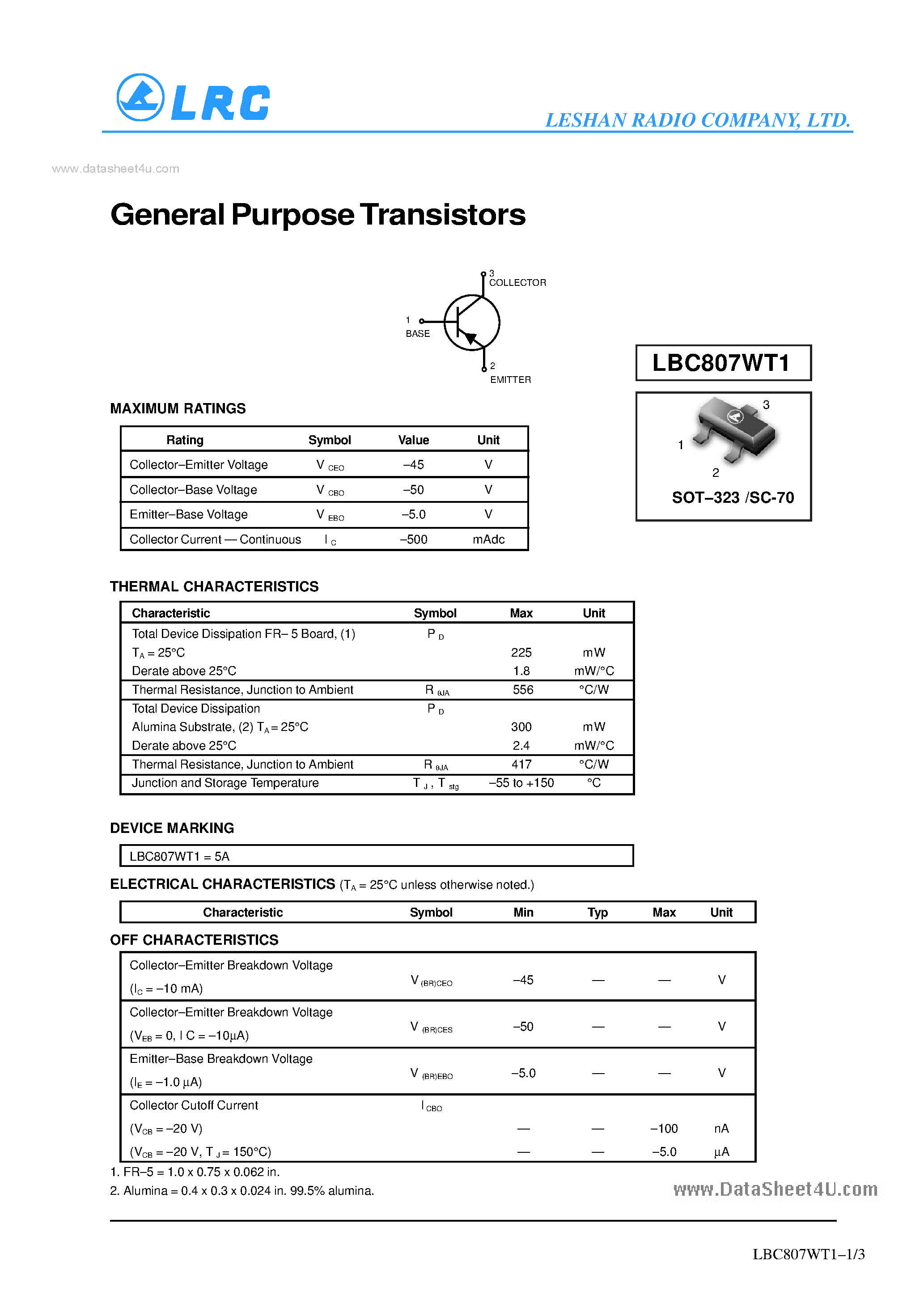 Даташит на микросхему LBC807WT1 страница 1 Даташит LBC807WT1 - General Purpose Transistors страница 1