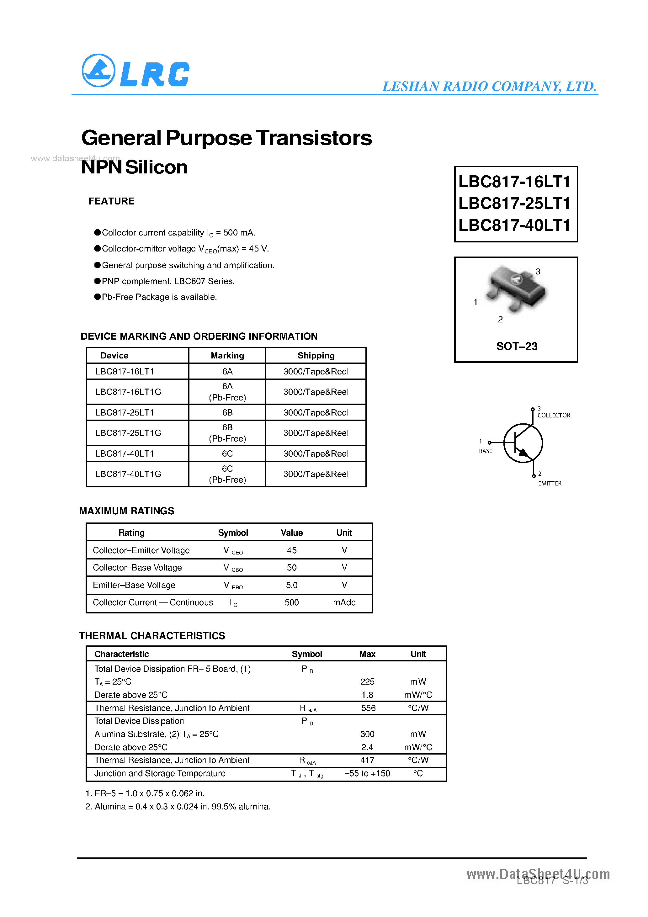 Даташит на микросхему LBC817-16LT1 страница 1 Даташит LBC817-16LT1 - (LBC817-xxLT1) General Purpose Transistors NPN Silicon страница 1