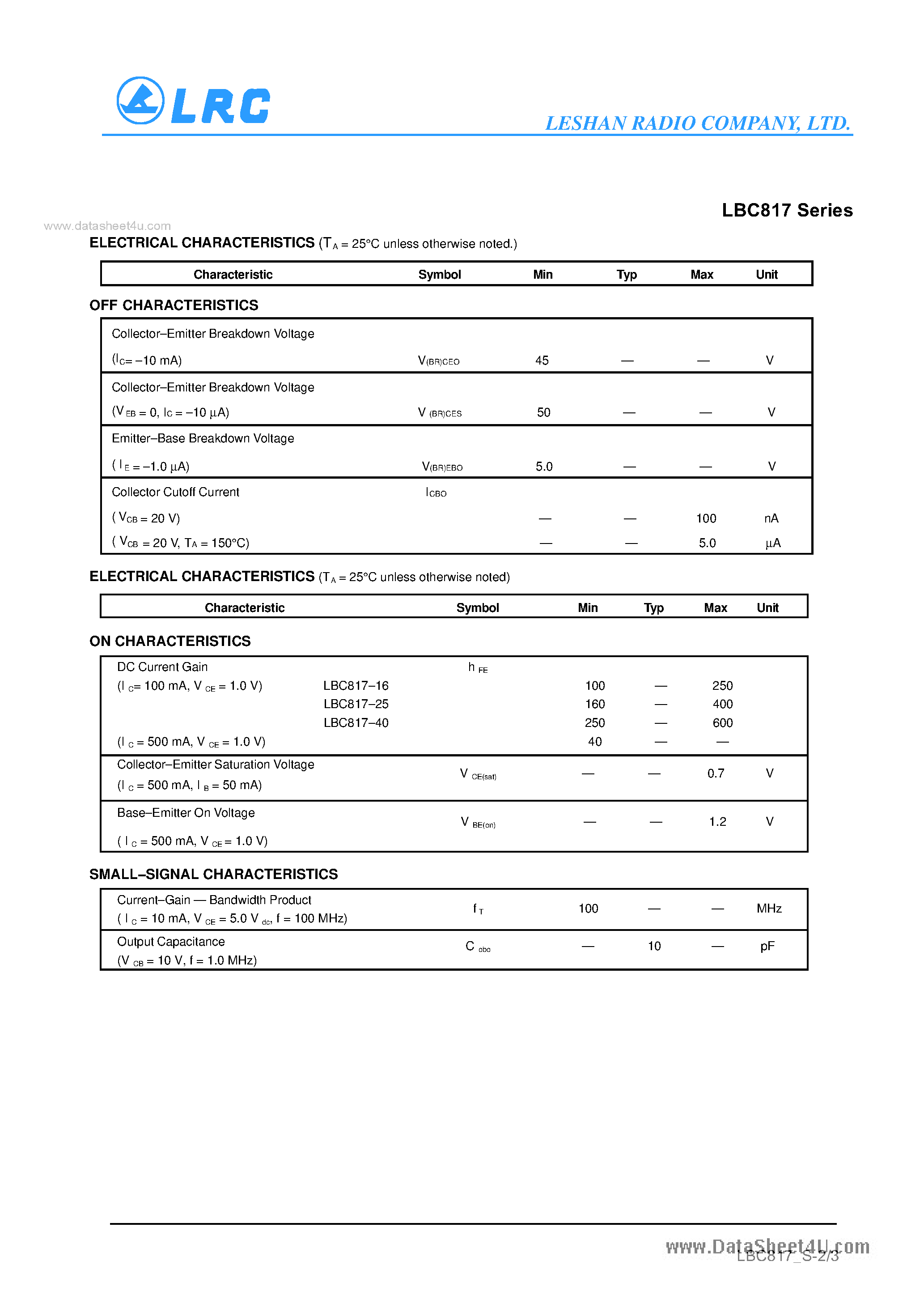 Даташит на микросхему LBC817-16LT1 страница 2 Даташит LBC817-16LT1 - (LBC817-xxLT1) General Purpose Transistors NPN Silicon страница 2