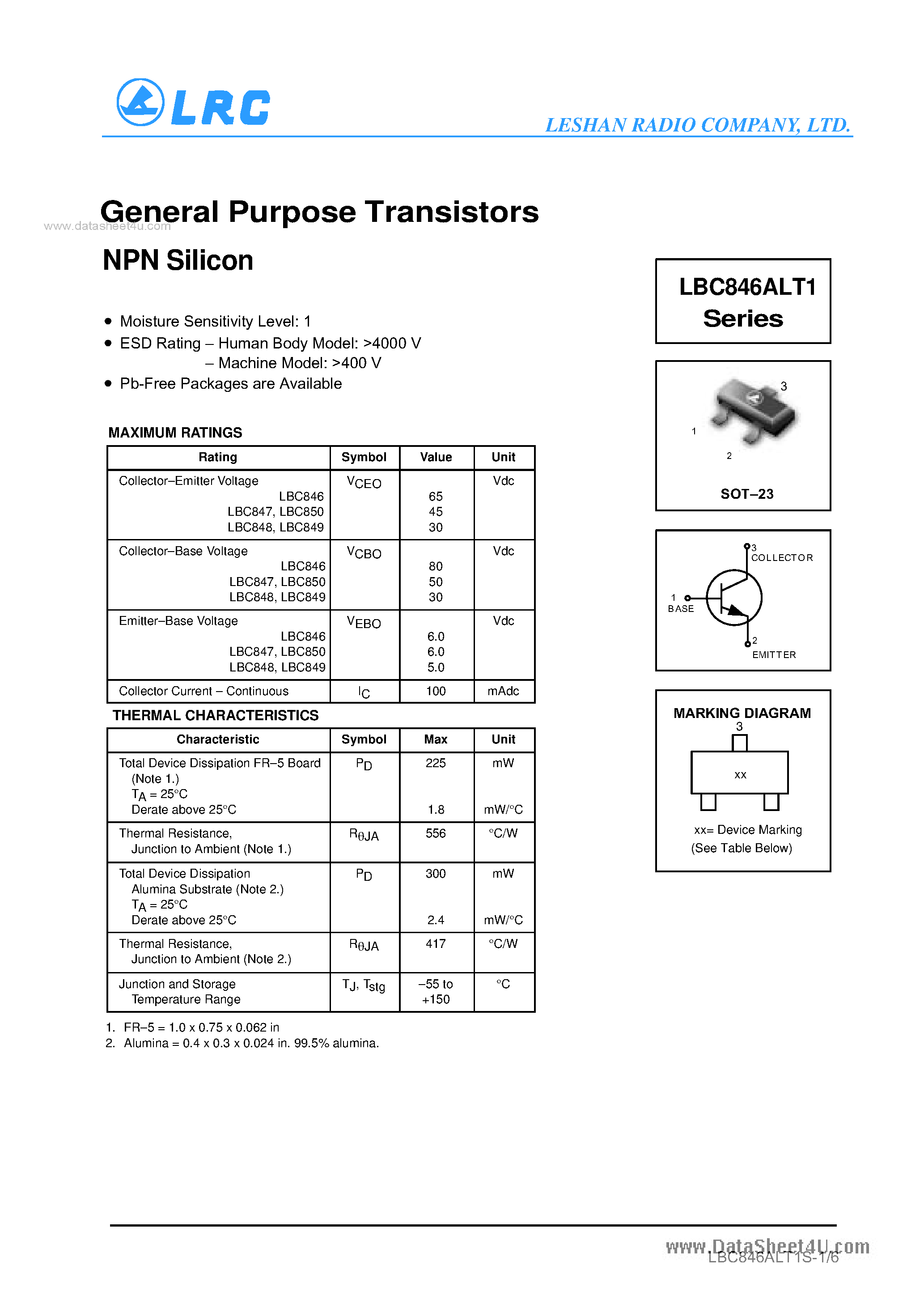 Даташит LBC846ALT1 - General Purpose Transistors NPN Silicon страница 1