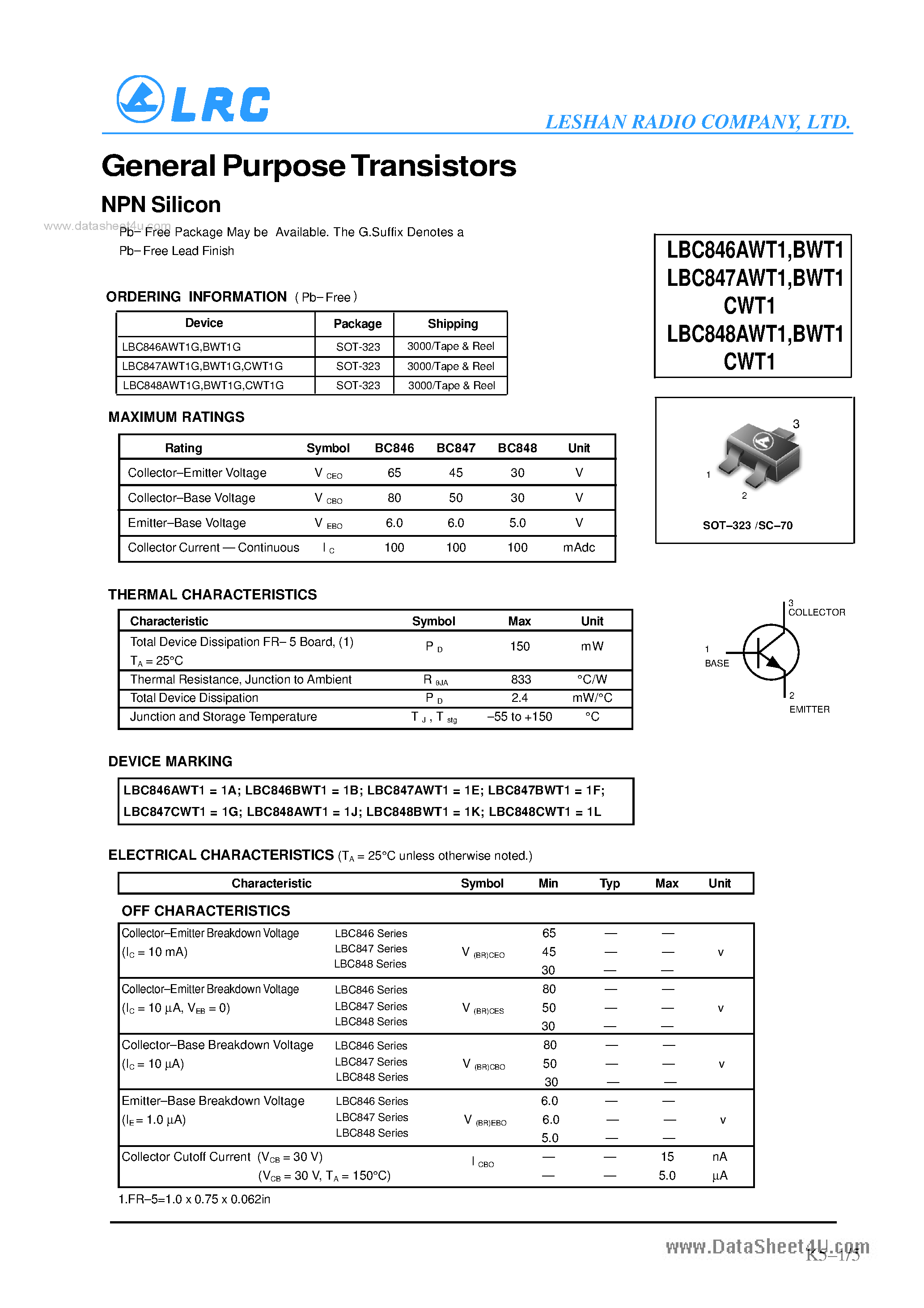 Даташит на микросхему LBC846AWT1 страница 1 Даташит LBC846AWT1 - (LBC846xWT1 - LBC848xWT1) General Purpose Transistors NPN Silicon страница 1
