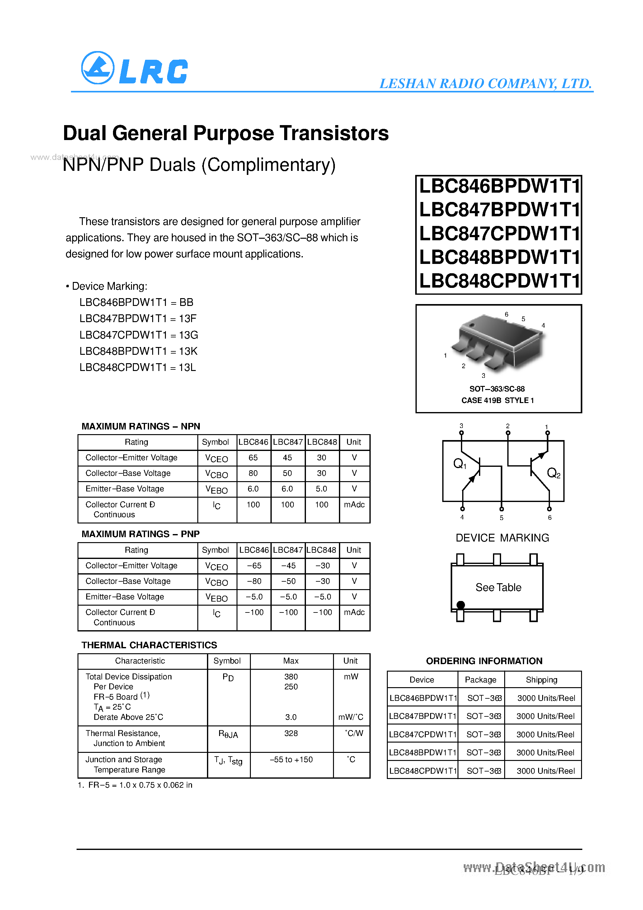 Даташит на микросхему LBC846BPDW1T1 страница 1 Даташит LBC846BPDW1T1 - (LBC84xxPDW1T1) Dual General Purpose Transistors NPN/PNP Duals страница 1