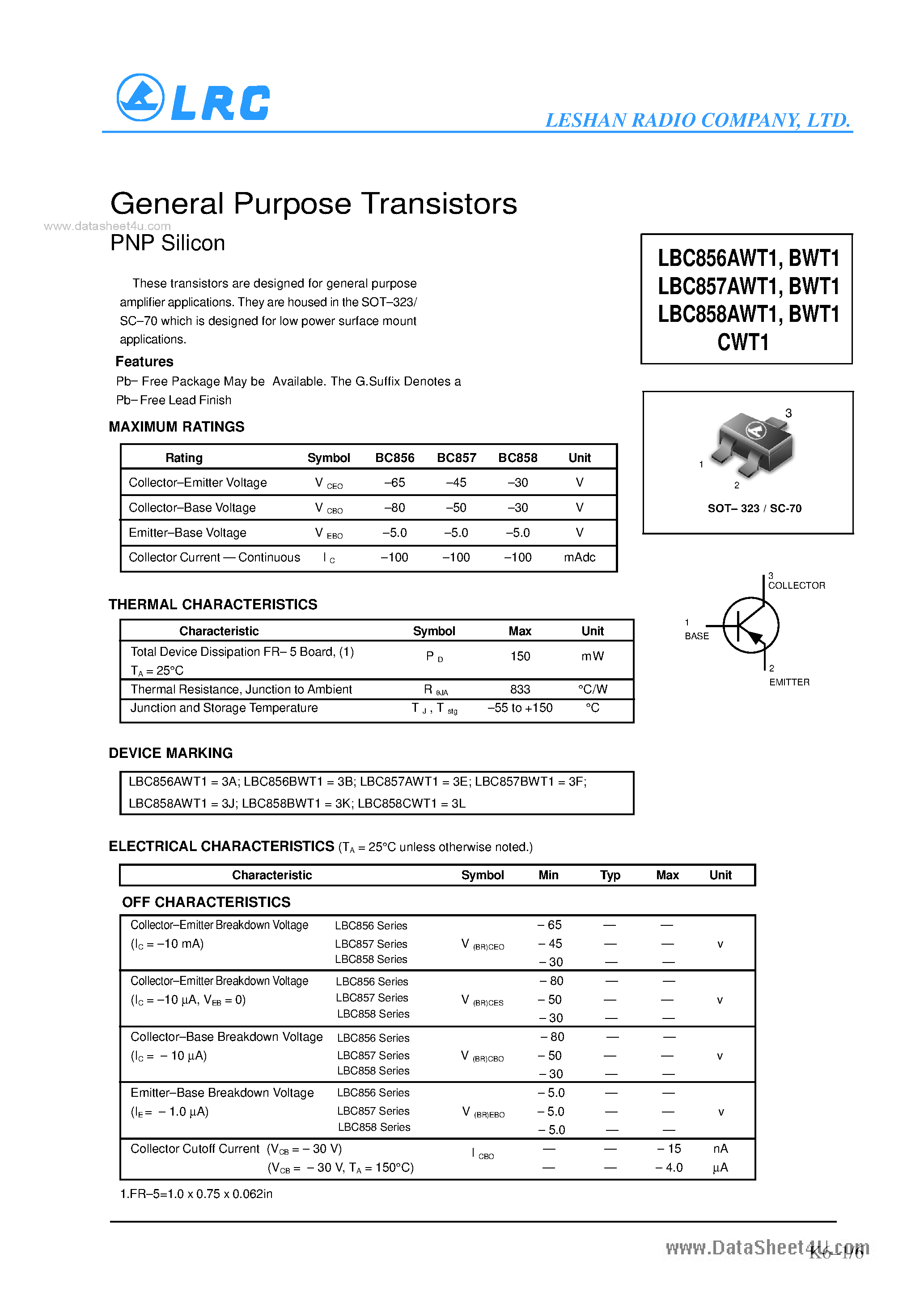 Даташит на микросхему LBC856BWT1 страница 1 Даташит LBC856BWT1 - (LBC85xxWT1) General Purpose Transistors PNP Silicon страница 1