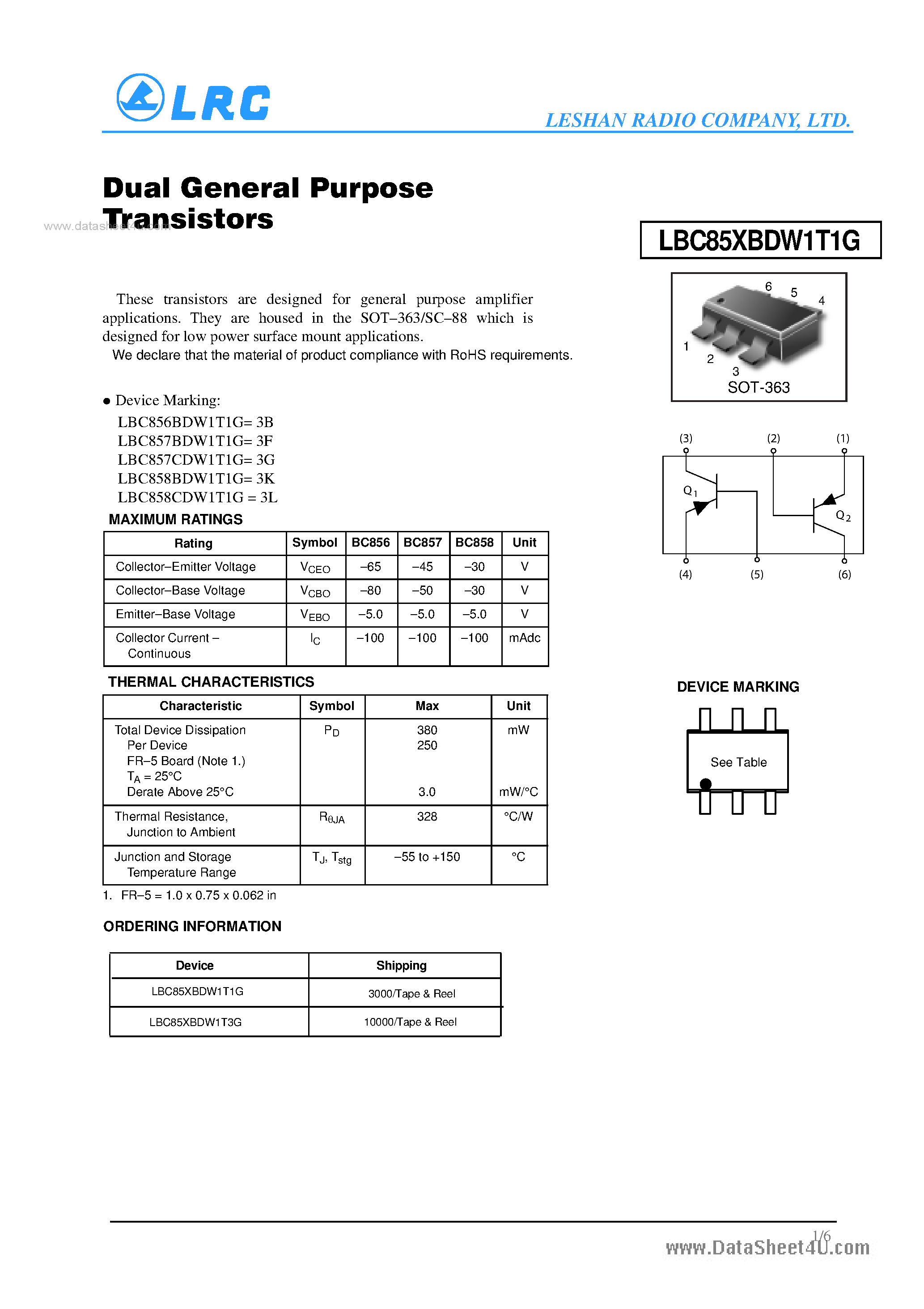 Даташит на микросхему LBC85XBDW1T1G страница 1 Даташит LBC85XBDW1T1G - Dual General Purpose Transistors страница 1