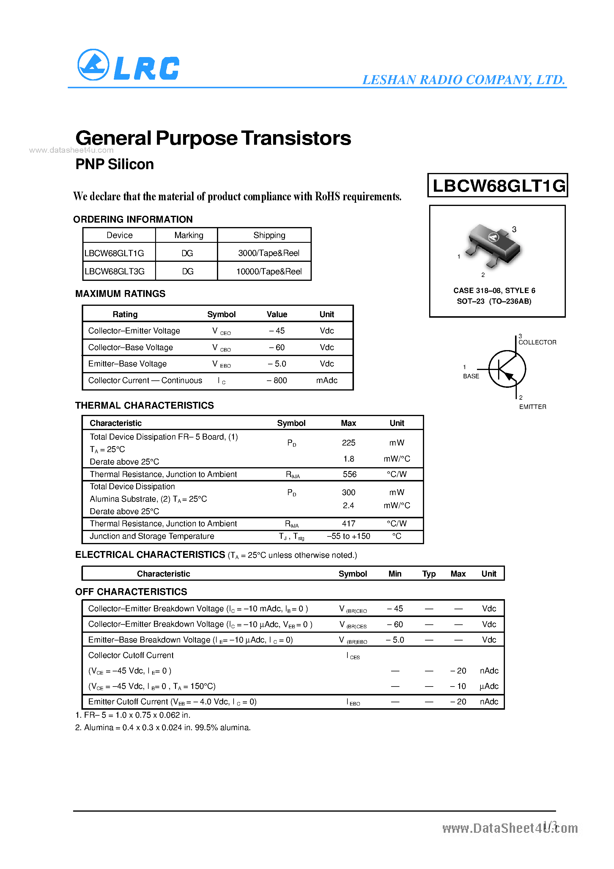 Даташит на микросхему LBCW68GLT1G страница 1 Даташит LBCW68GLT1G - General Purpose Transistors страница 1