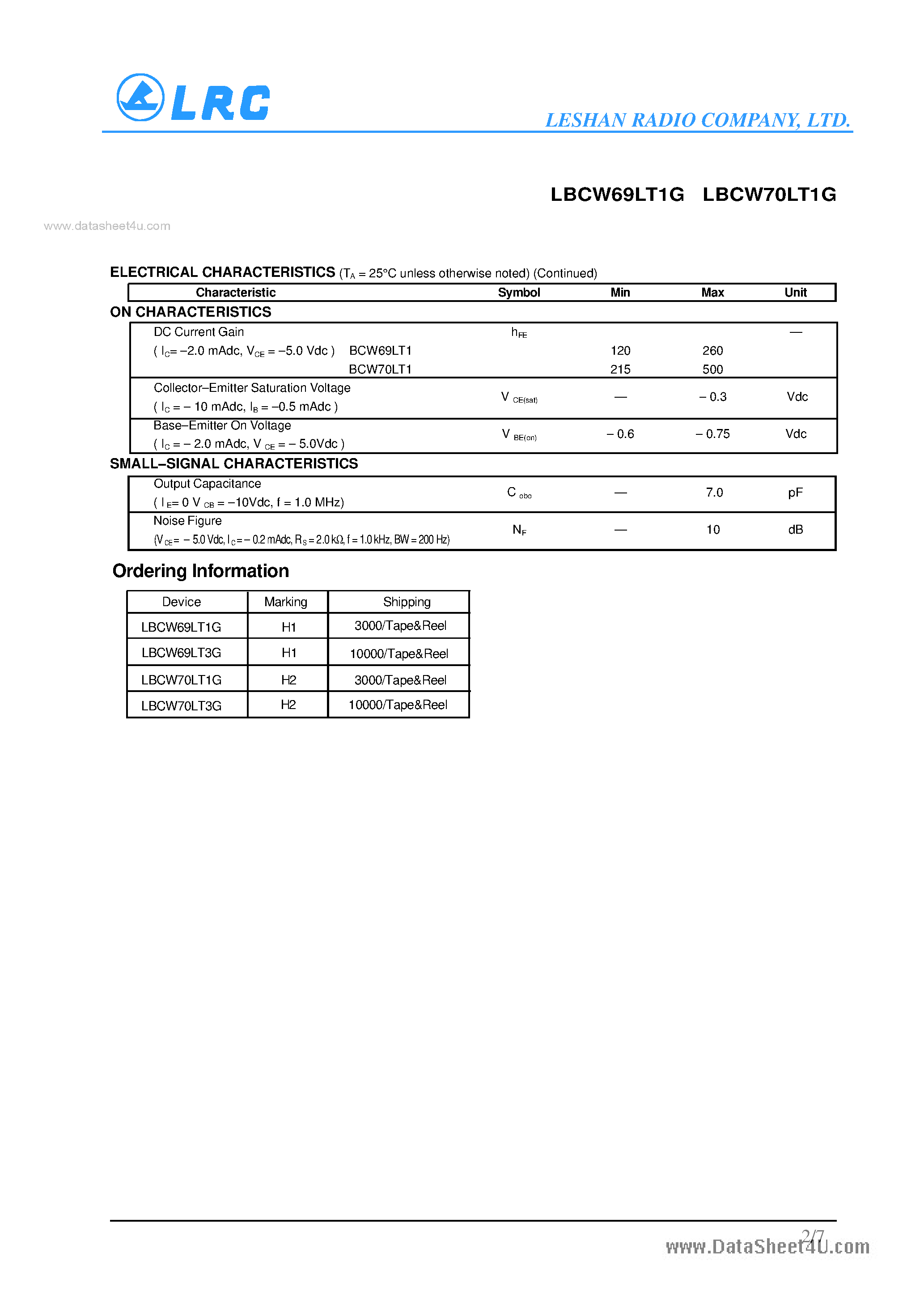 Даташит на микросхему LBCW69LT1G страница 2 Даташит LBCW69LT1G - (LBCW69LT1G / LBCW70LT1G) General Purpose Transistors PNP Silicon страница 2