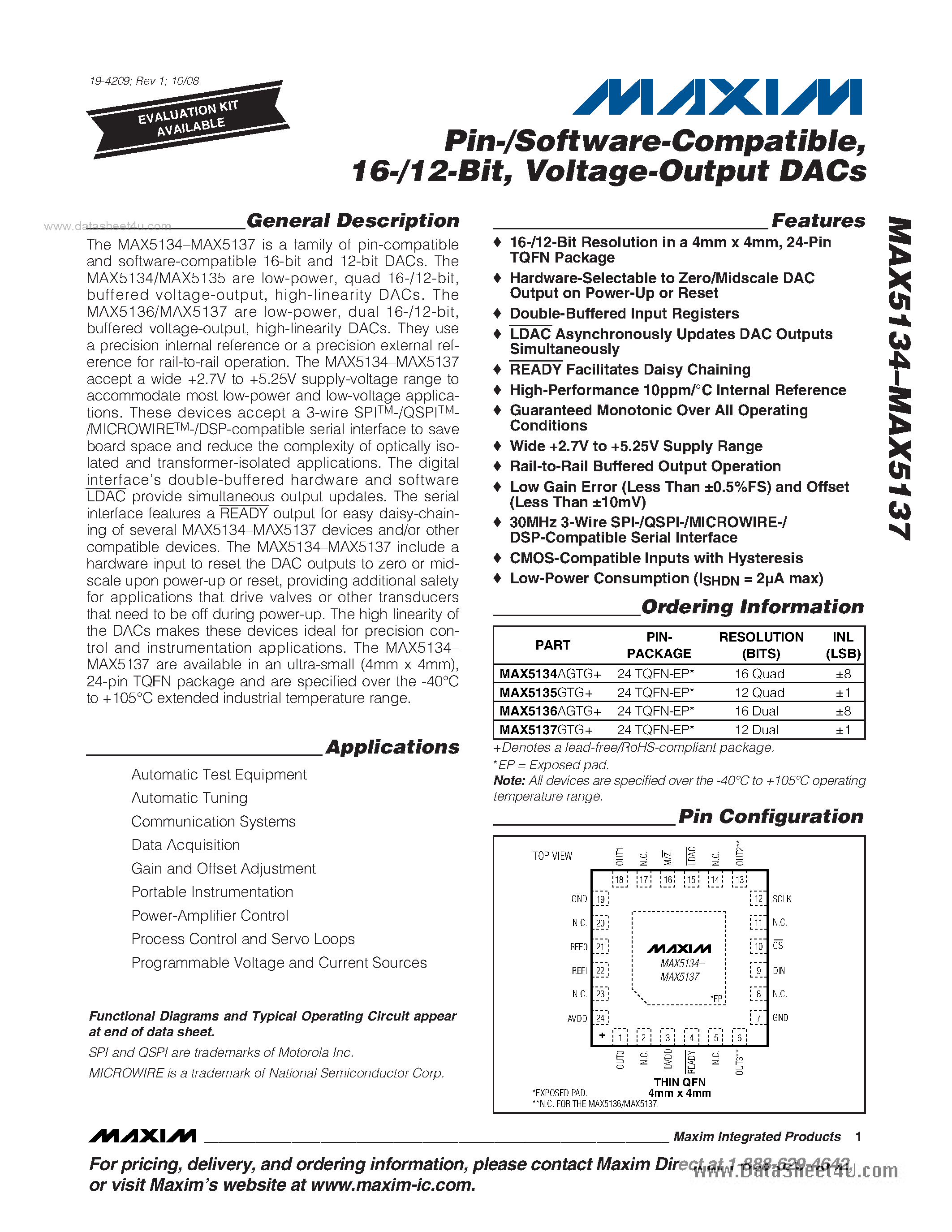 Datasheet MAX5134 page 1 Datasheet MAX5134 - (MAX5134 - MAX5137) Voltage-Output DACs page 1