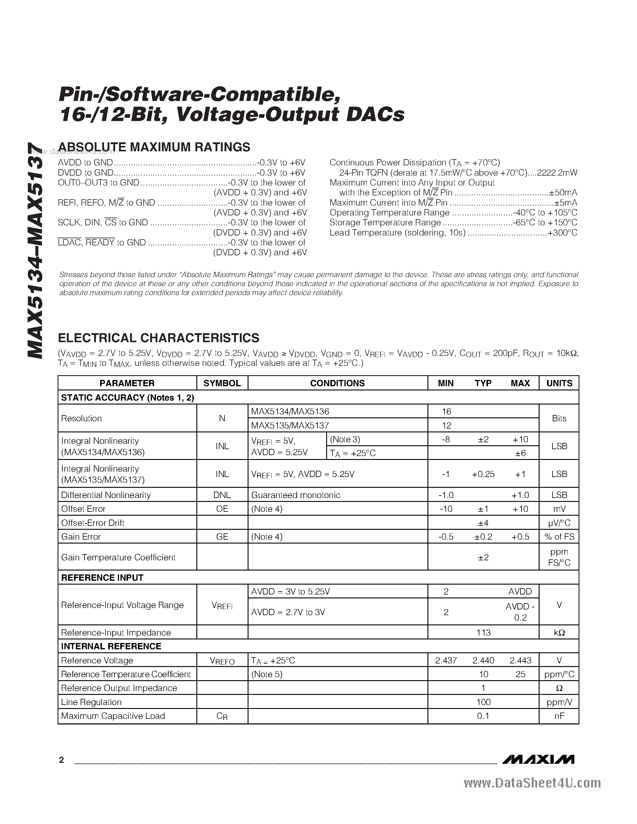 Datasheet MAX5134 page 2 Datasheet MAX5134 - (MAX5134 - MAX5137) Voltage-Output DACs page 2
