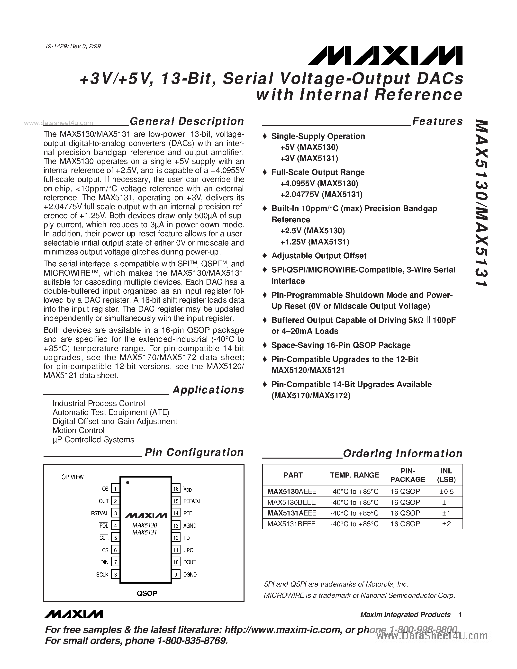 Datasheet MAX5130 page 1 Datasheet MAX5130 - (MAX5130 / MAX5131) Voltage-output DACs page 1