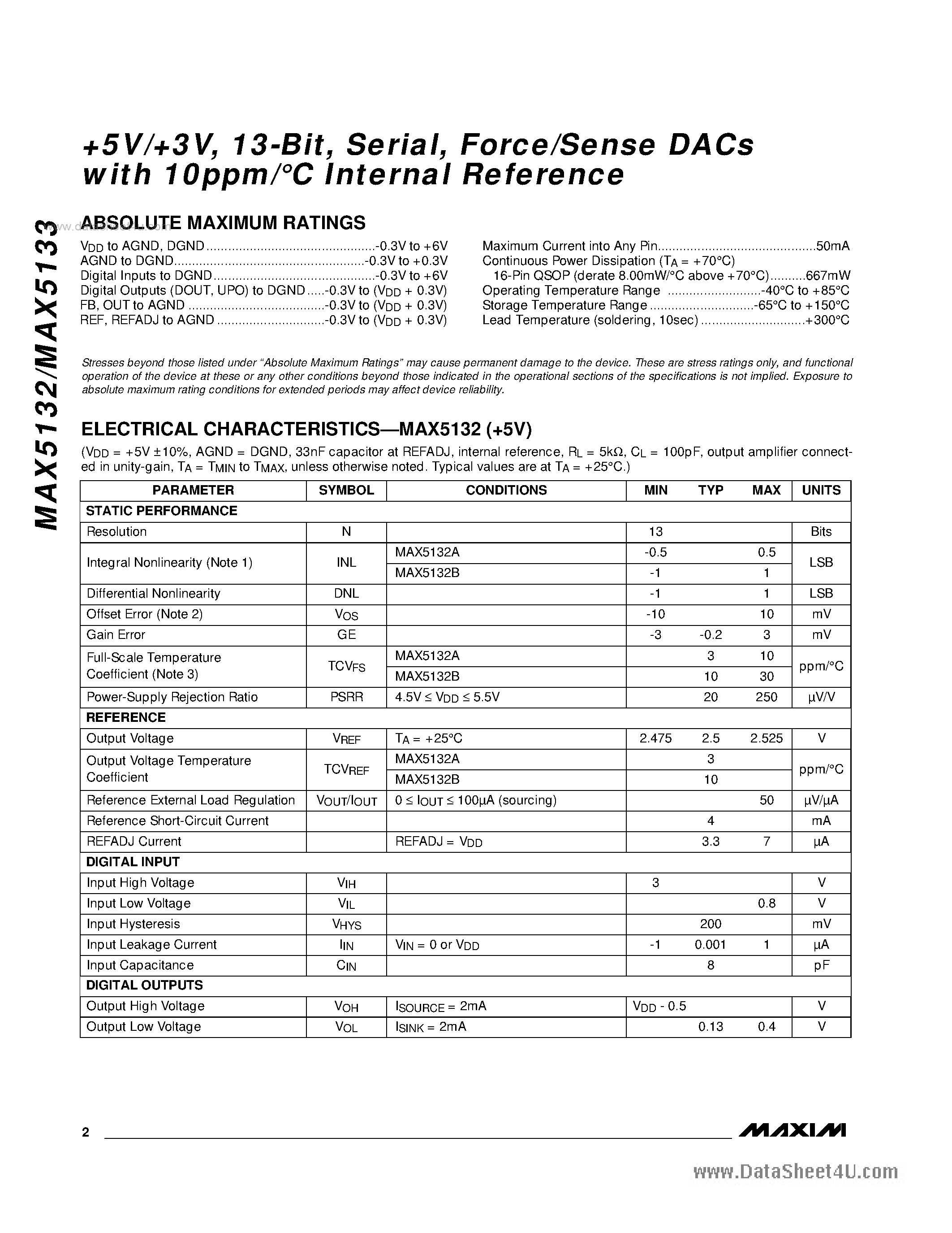 Datasheet MAX5132 - (MAX5132 / MAX5133) Force/sense DACs page 2