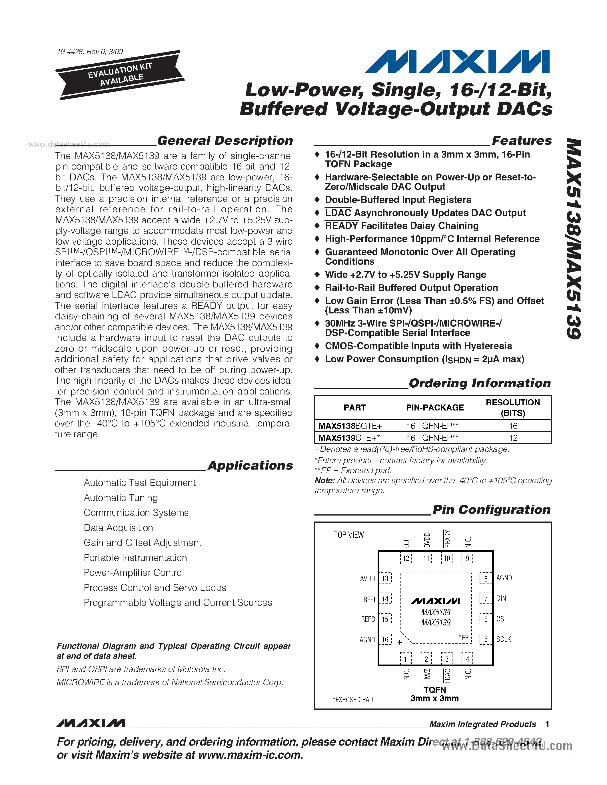 Datasheet MAX5138 page 1 Datasheet MAX5138 - (MAX5138 / MAX5139) Buffered Voltage-Output DACs page 1