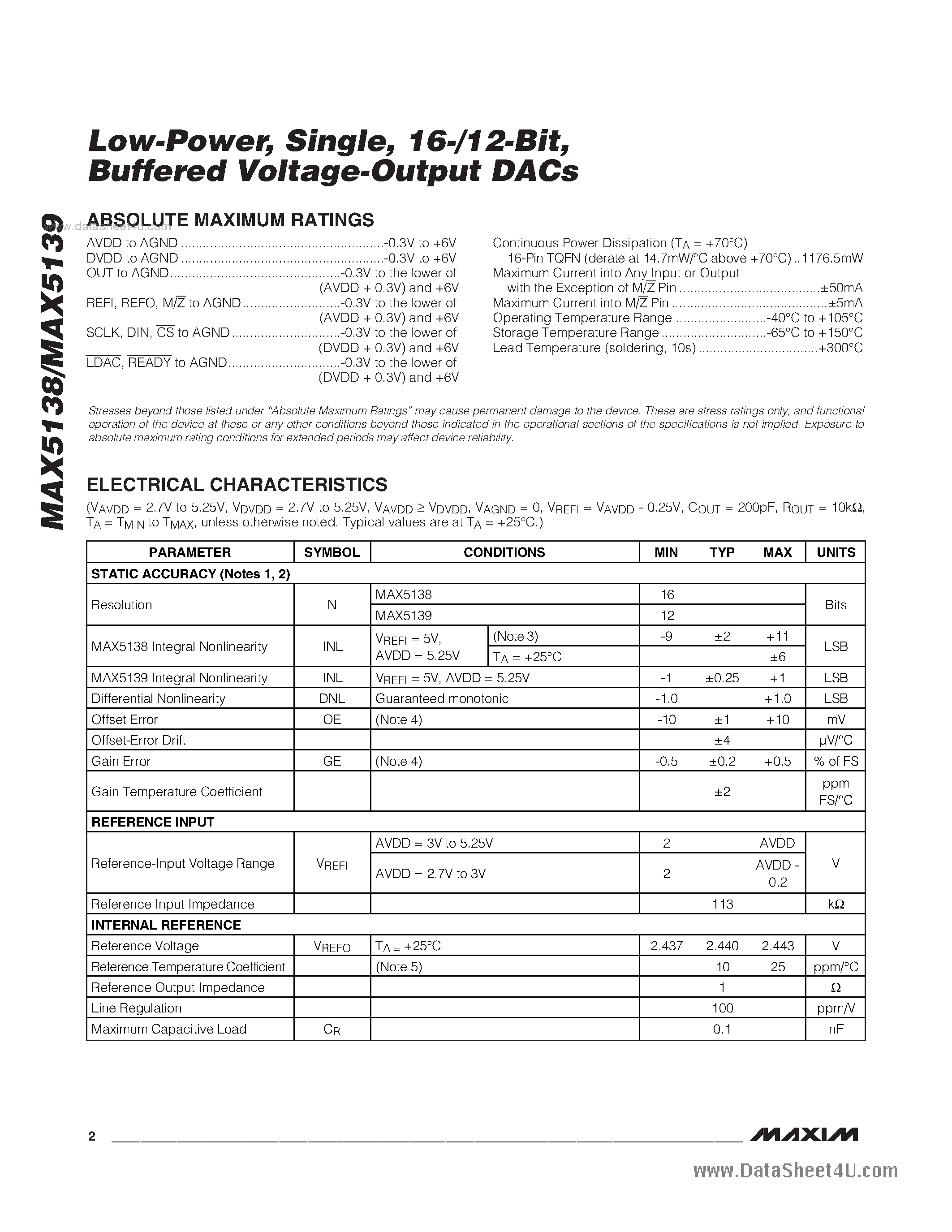 Datasheet MAX5138 page 2 Datasheet MAX5138 - (MAX5138 / MAX5139) Buffered Voltage-Output DACs page 2