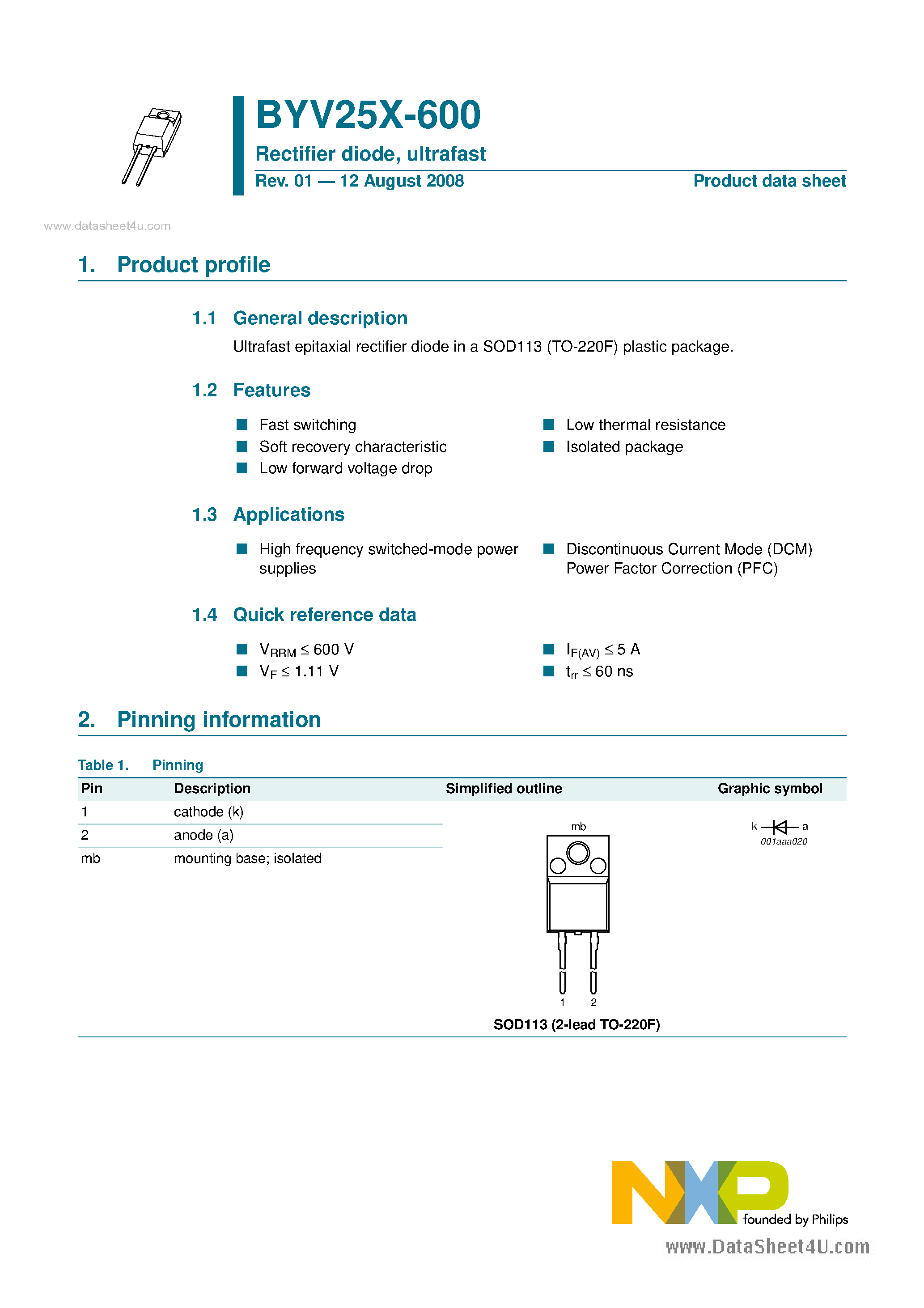Datasheet BYV25X-600 page 1 Datasheet BYV25X-600 - Rectifier Diode page 1