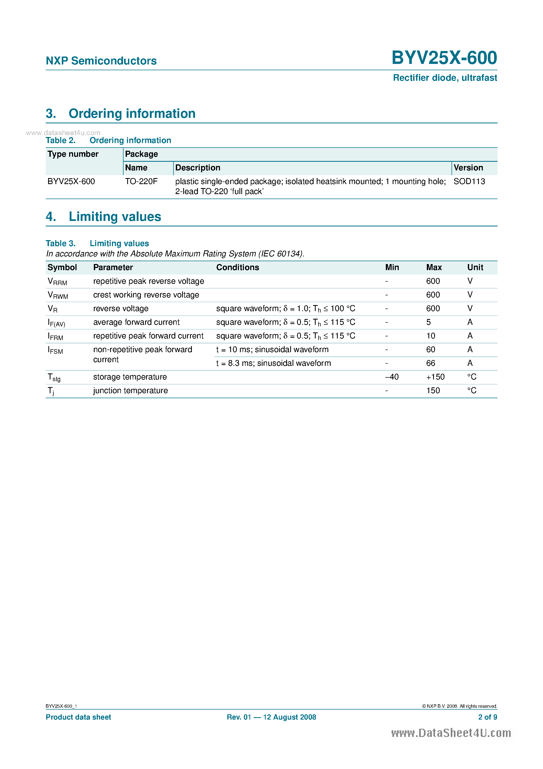 Datasheet BYV25X-600 page 2 Datasheet BYV25X-600 - Rectifier Diode page 2