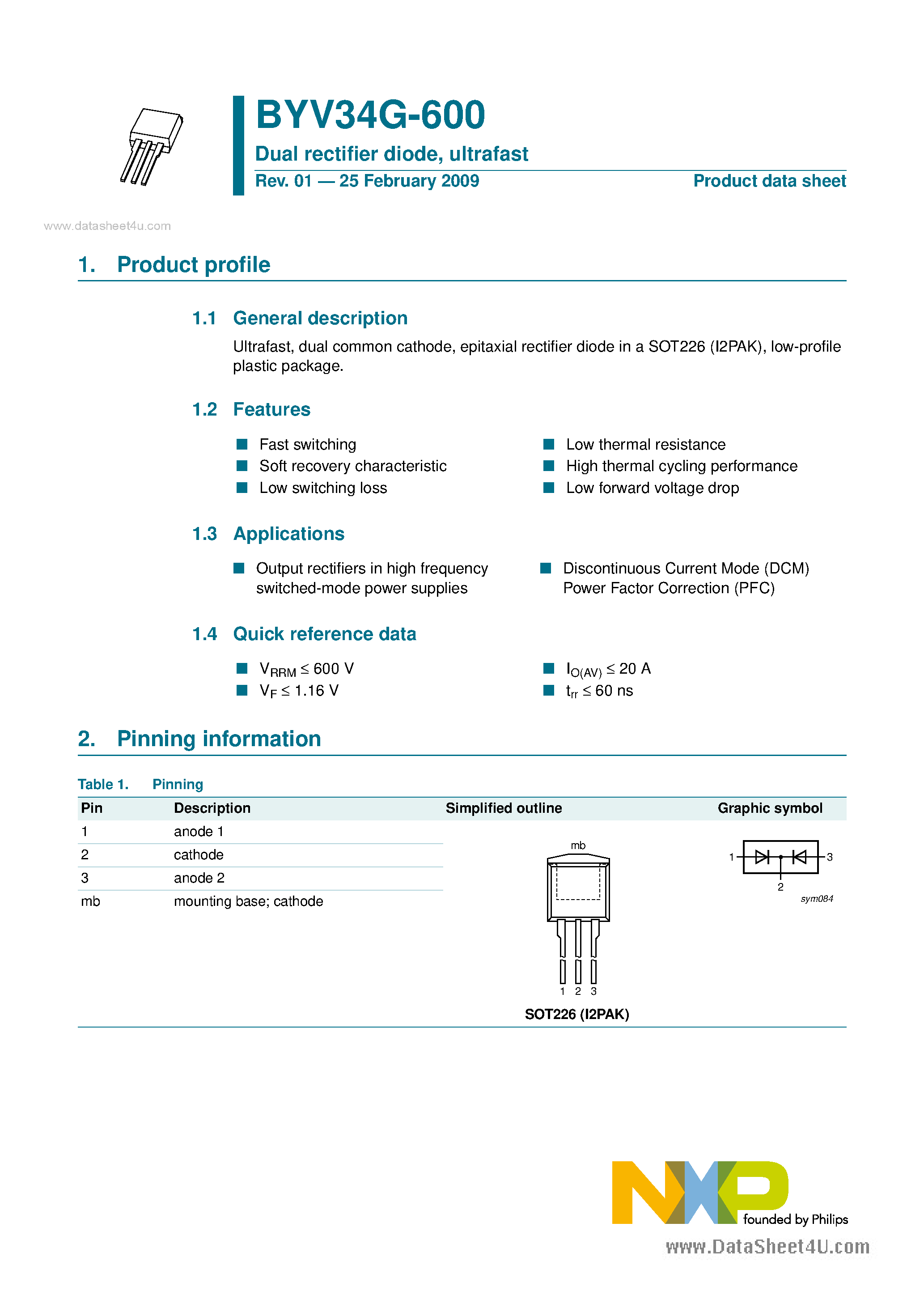 Datasheet BYV34G-600 page 1 Datasheet BYV34G-600 - Dual Rectifier Diode page 1