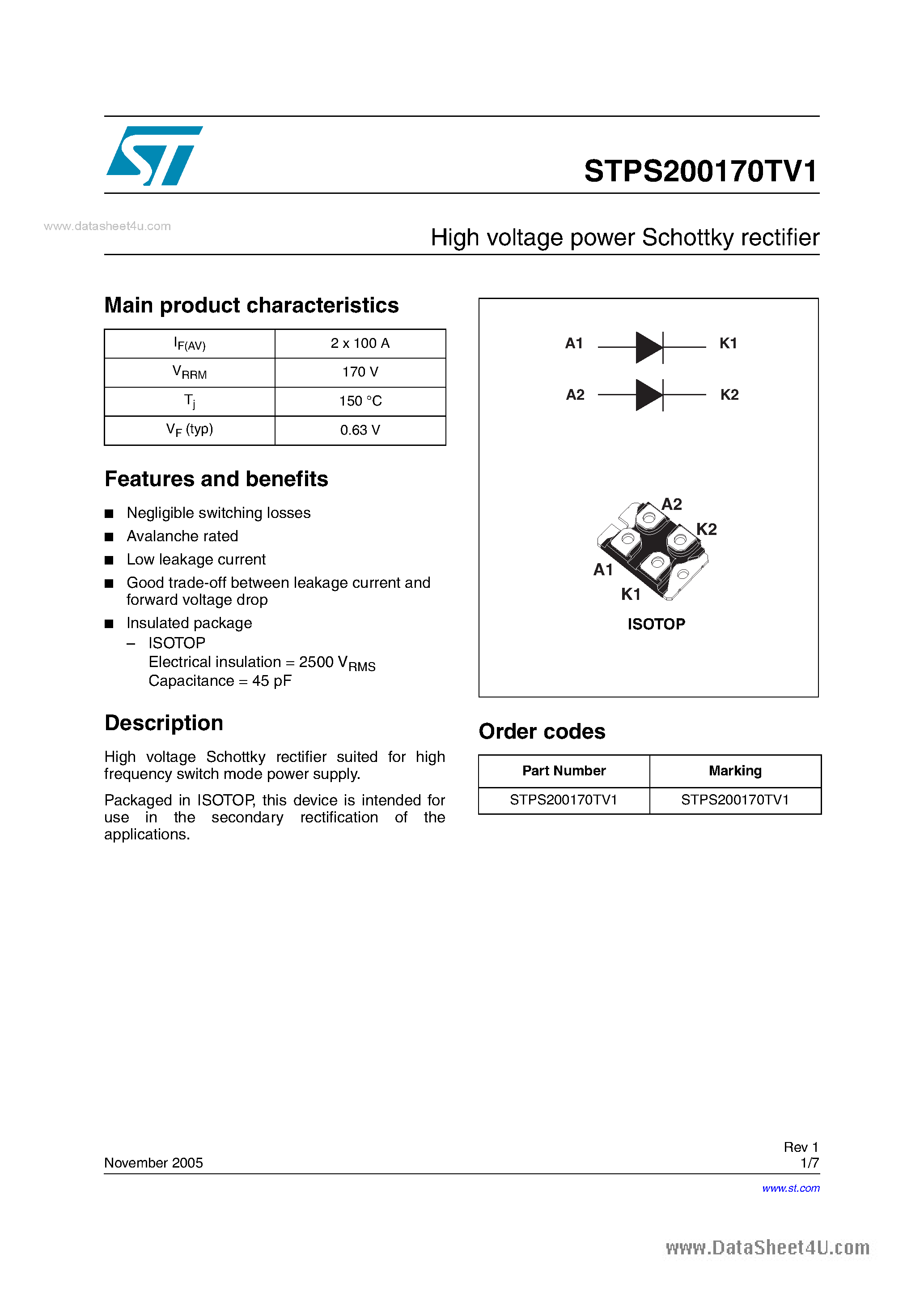 Datasheet STPS200170TV1 page 1 Datasheet STPS200170TV1 - High voltage power Schottky rectifier page 1