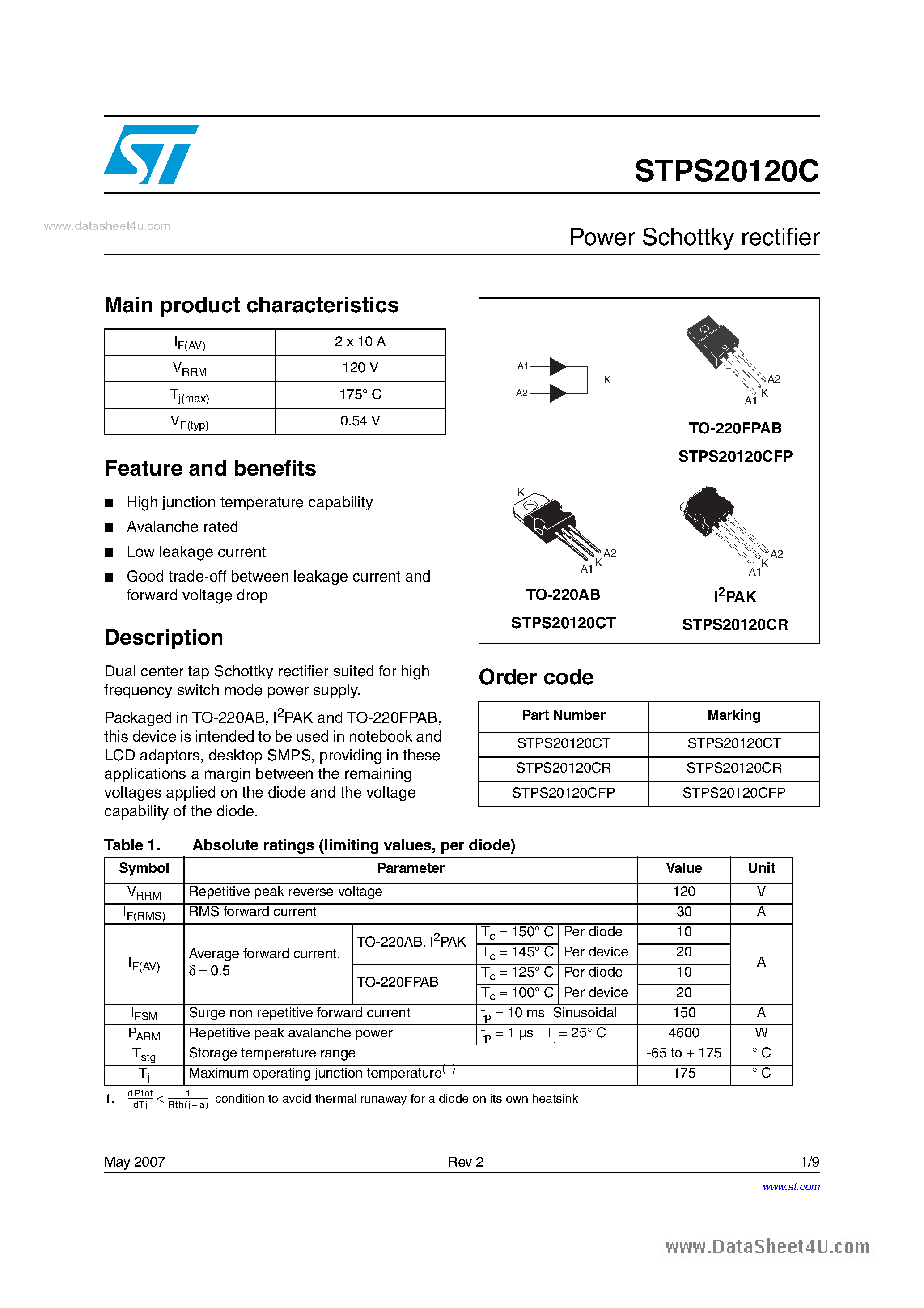 Datasheet STPS20120C - POWER SCHOTTKY RECTIFIER page 1