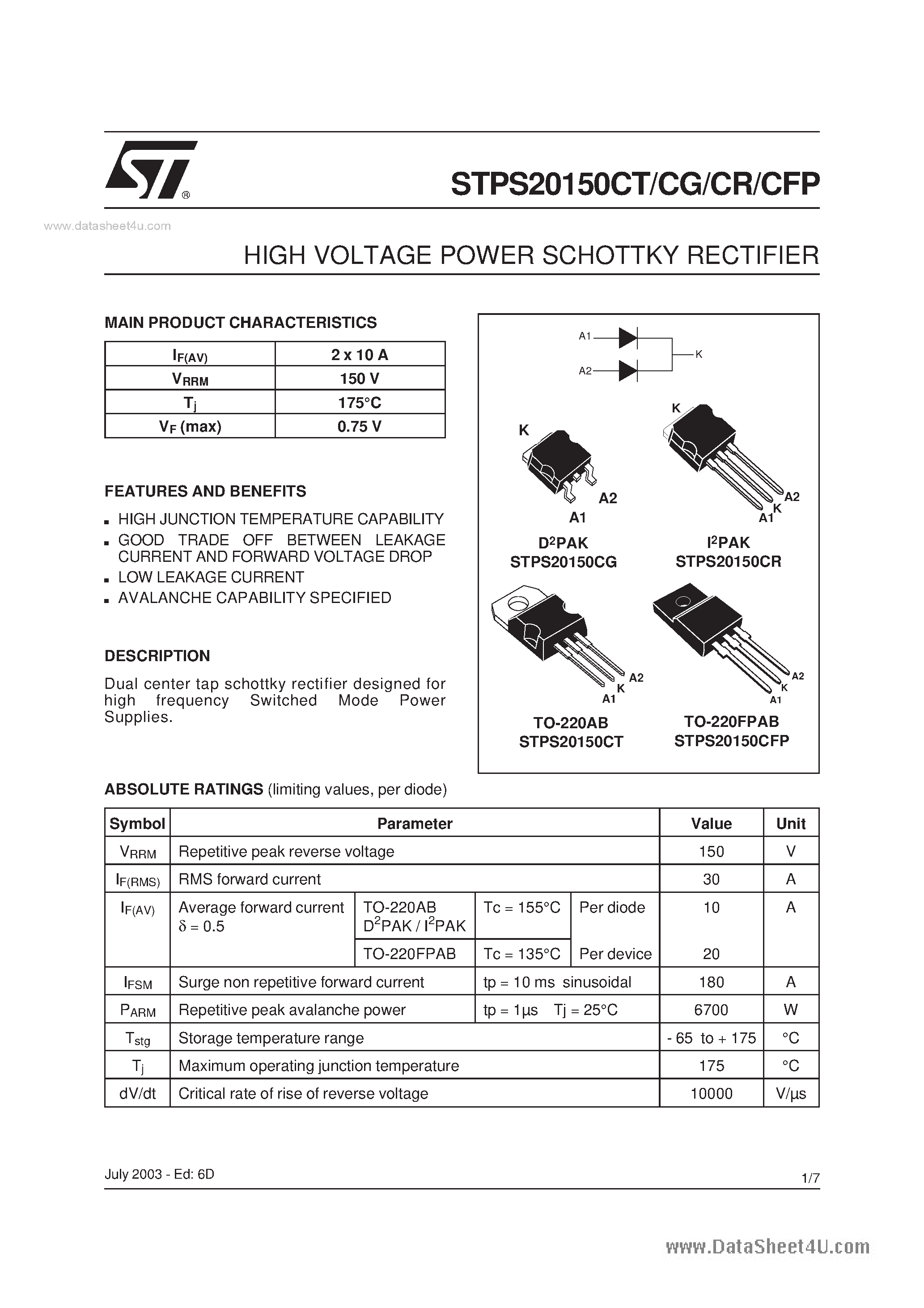 Datasheet STPS20150CFP - HIGH VOLTAGE POWER SCHOTTKY RECTIFIER page 1