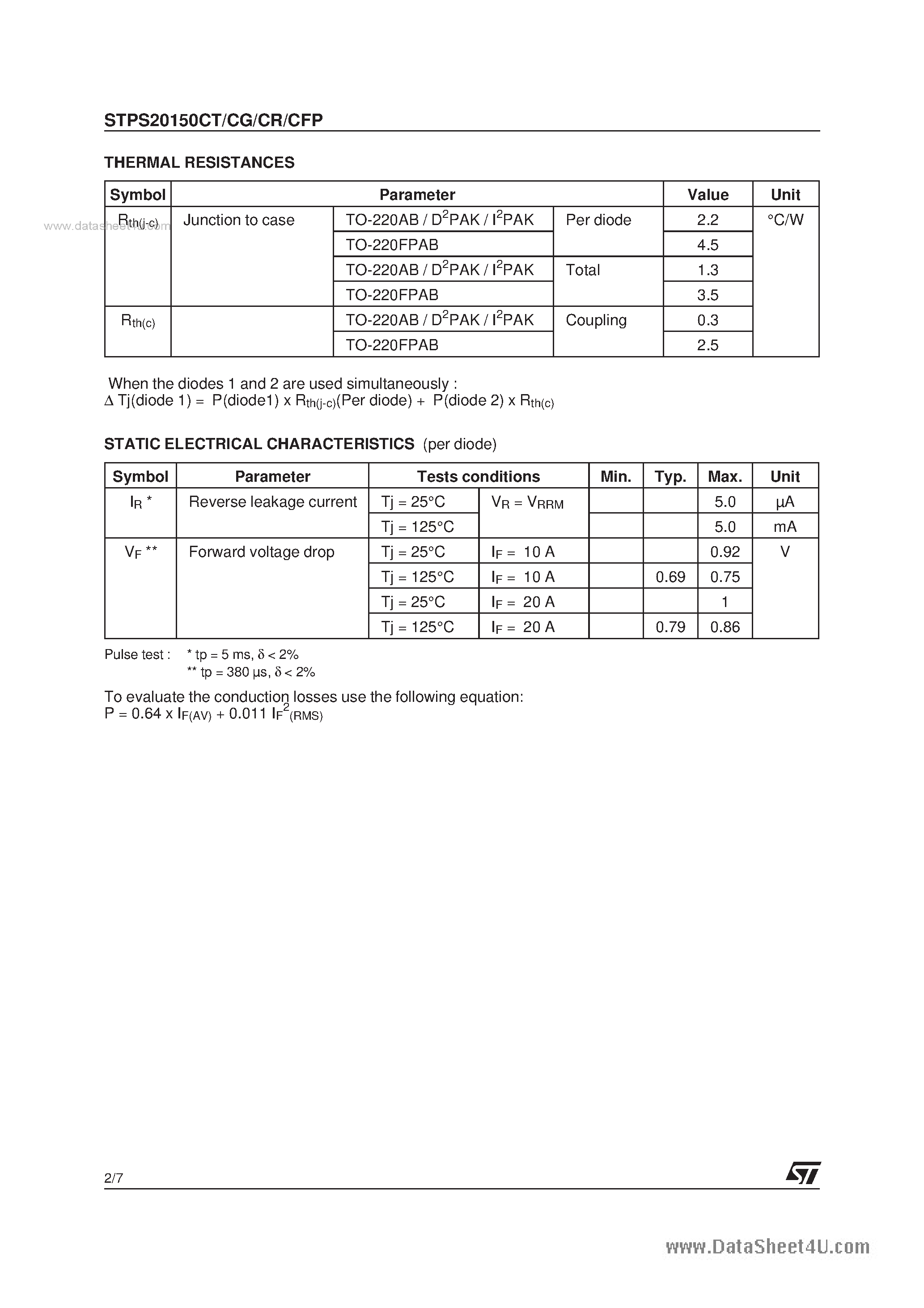Datasheet STPS20150CFP - HIGH VOLTAGE POWER SCHOTTKY RECTIFIER page 2