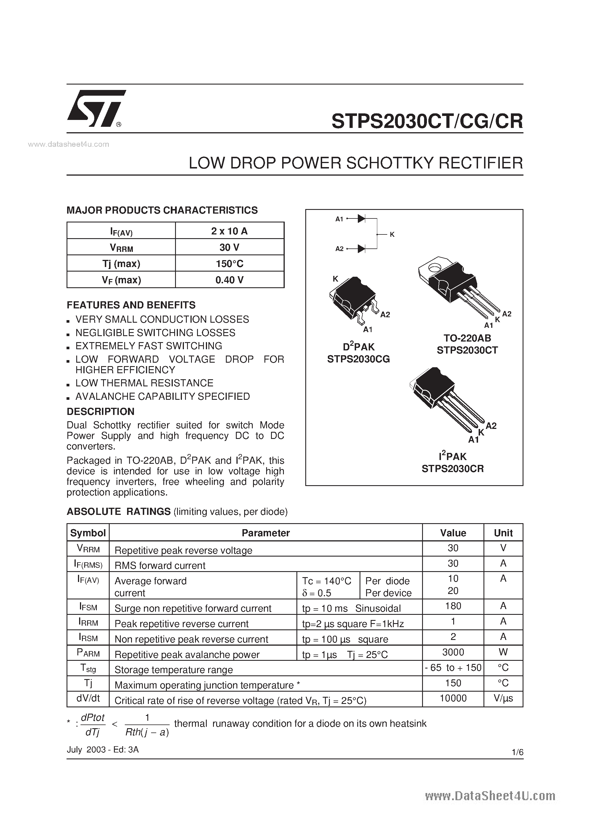 Datasheet STPS2030CG - LOW DROP POWER SCHOTTKY RECTIFIER page 1
