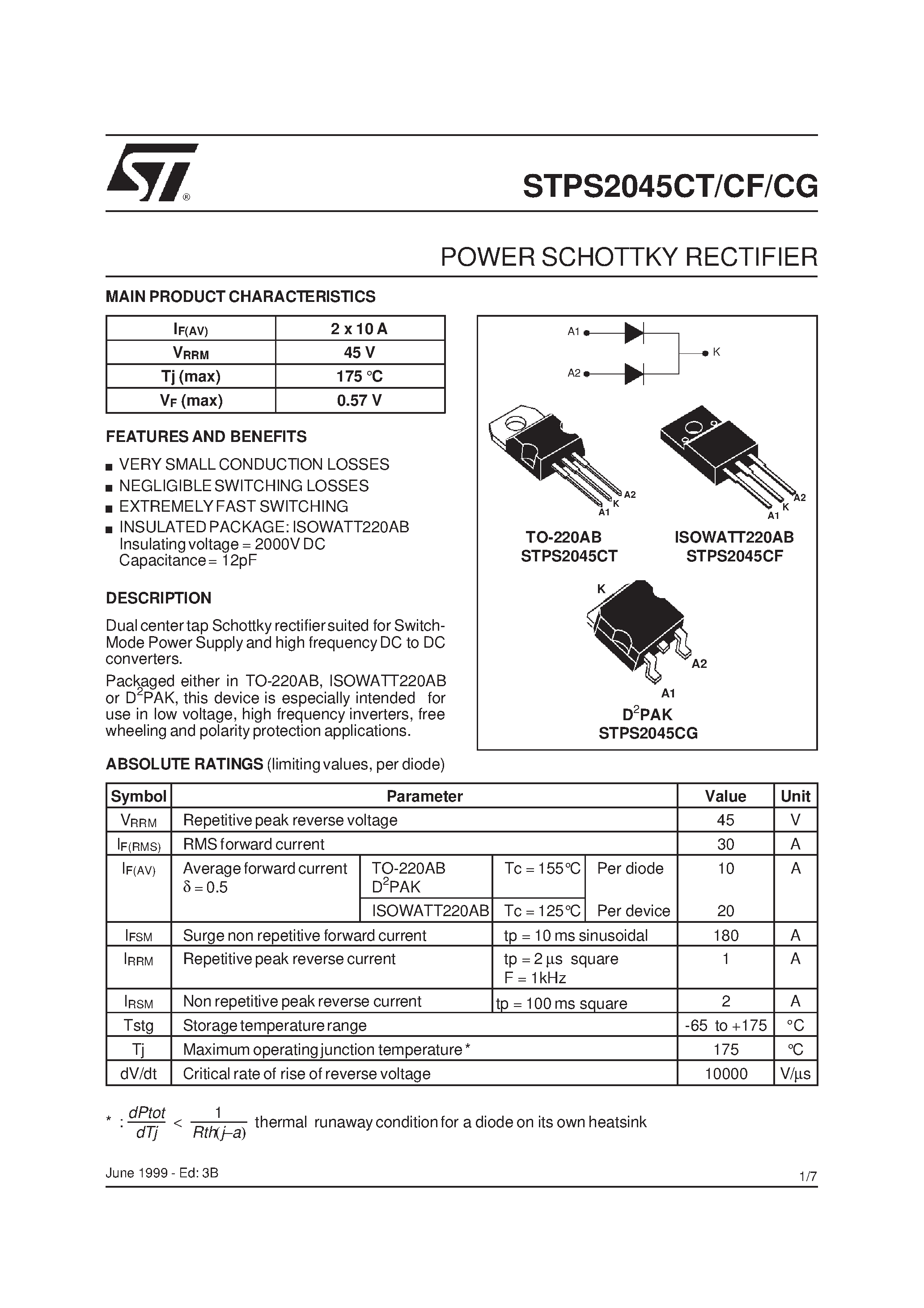 Даташит на микросхему STPS2045 страница 1 Даташит STPS2045 - POWER SCHOTTKY RECTIFIER страница 1