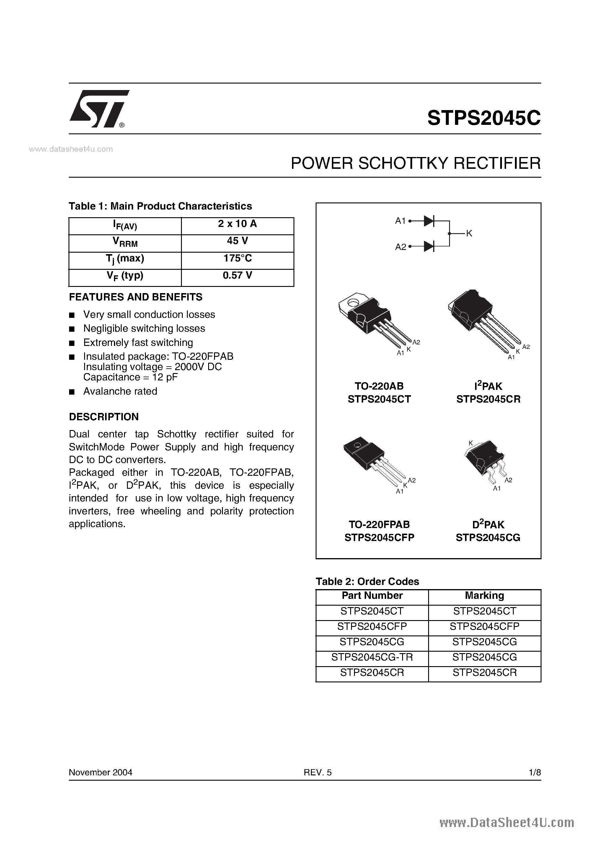 Даташит STPS2045C - POWER SCHOTTKY RECTIFIER страница 1
