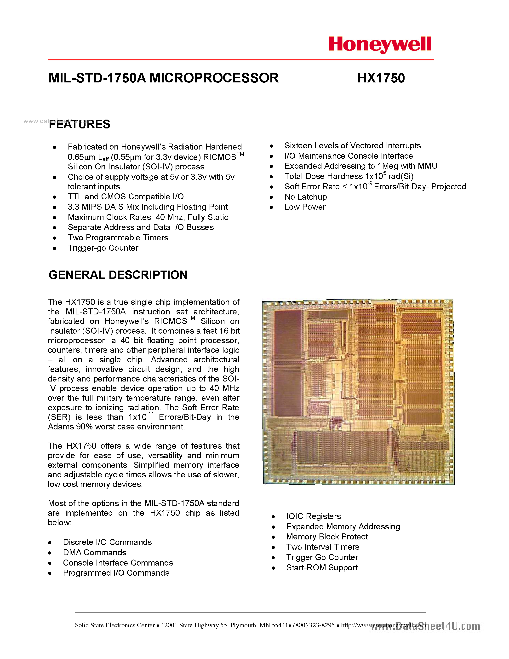 Datasheet HX1750 page 1 Datasheet HX1750 - MIL-STD-1750A MICROPROCESSOR page 1