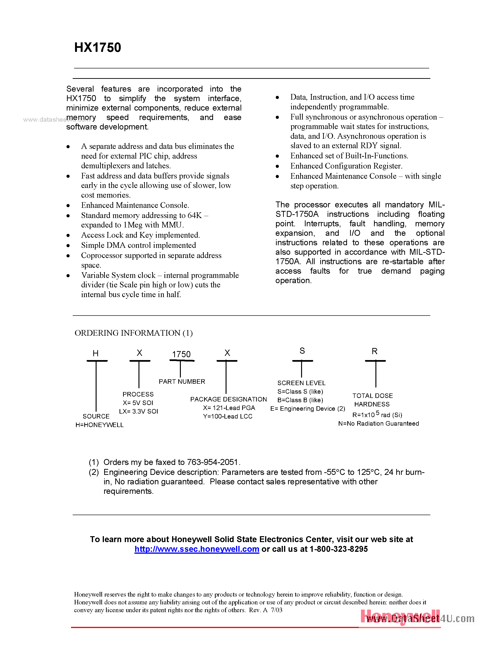 Datasheet HX1750 page 2 Datasheet HX1750 - MIL-STD-1750A MICROPROCESSOR page 2