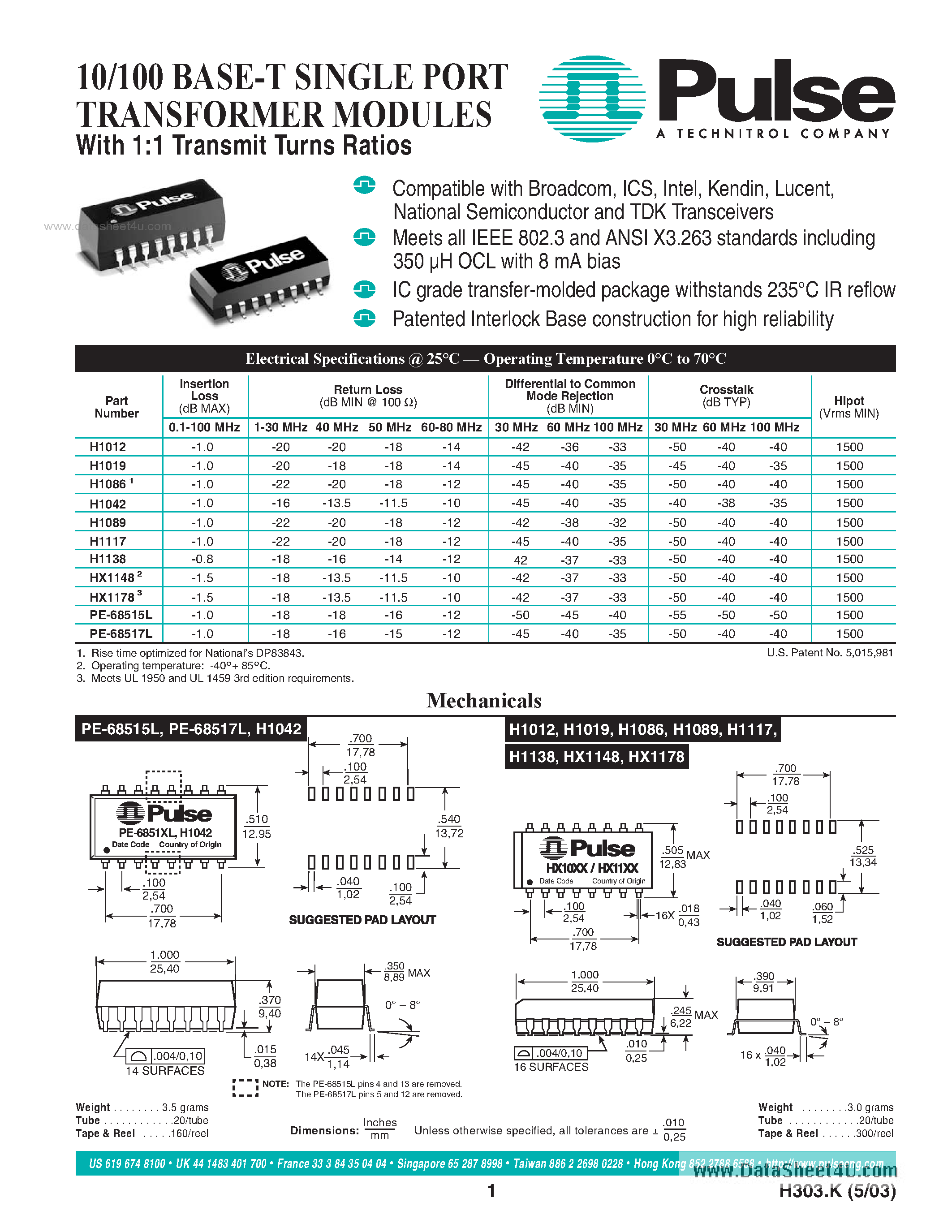 Даташит HX1148 - (HX11xx) 10/100 BASE-T SINGLE PORT TRANSFORMER MODULES страница 1