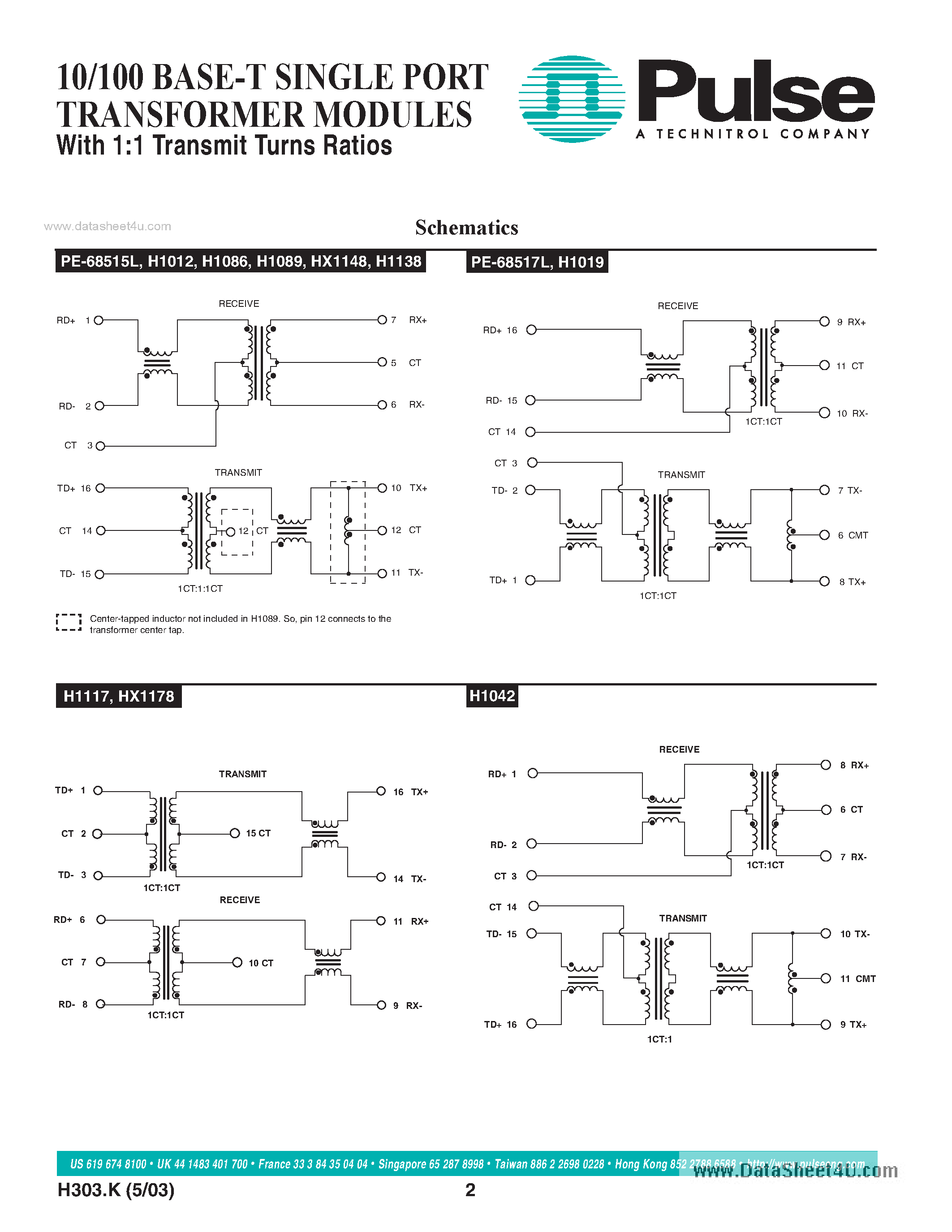 Даташит HX1148 - (HX11xx) 10/100 BASE-T SINGLE PORT TRANSFORMER MODULES страница 2