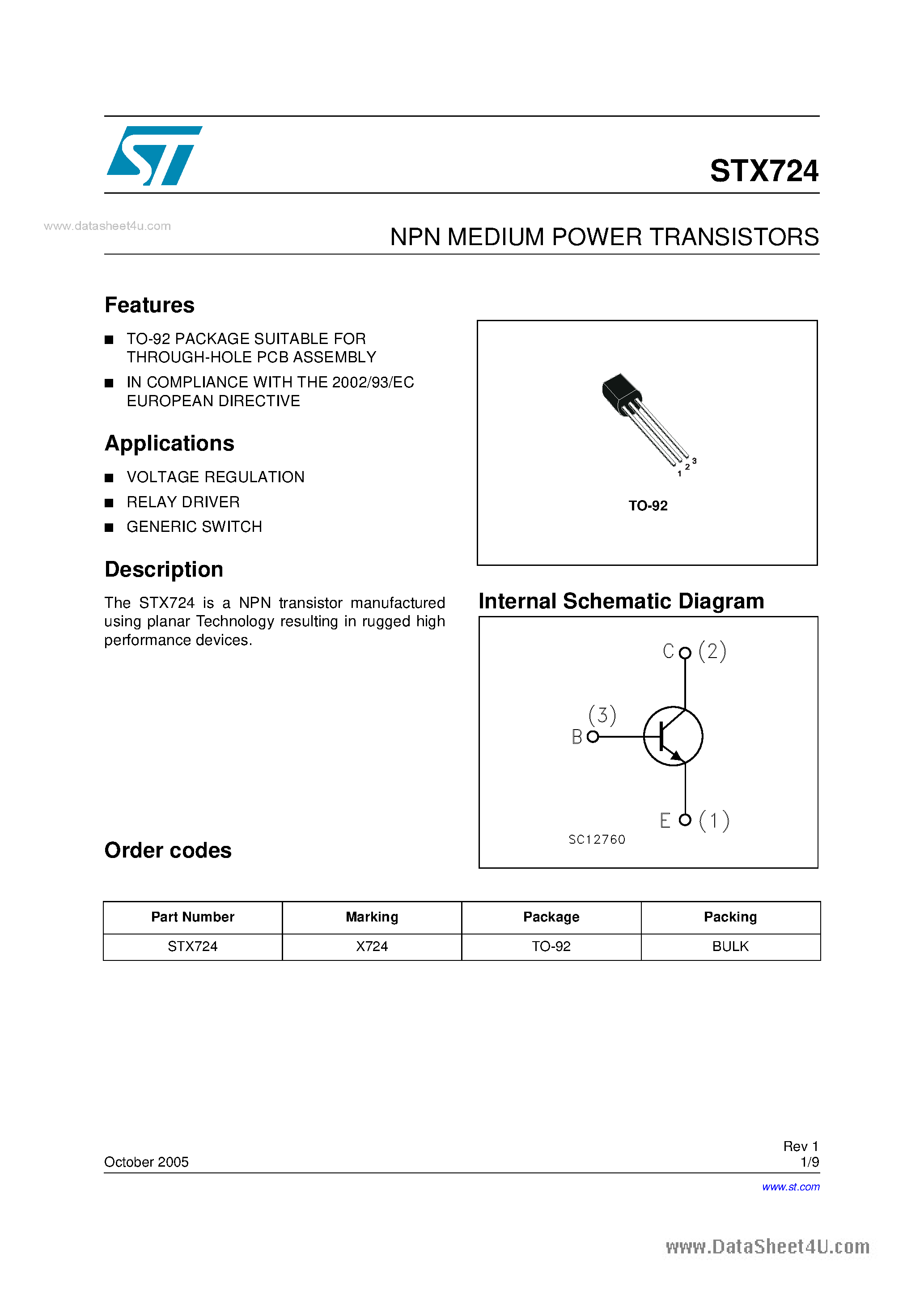 Datasheet STX724 page 1 Datasheet STX724 - NPN MEDIUM POWER TRANSISTORS page 1