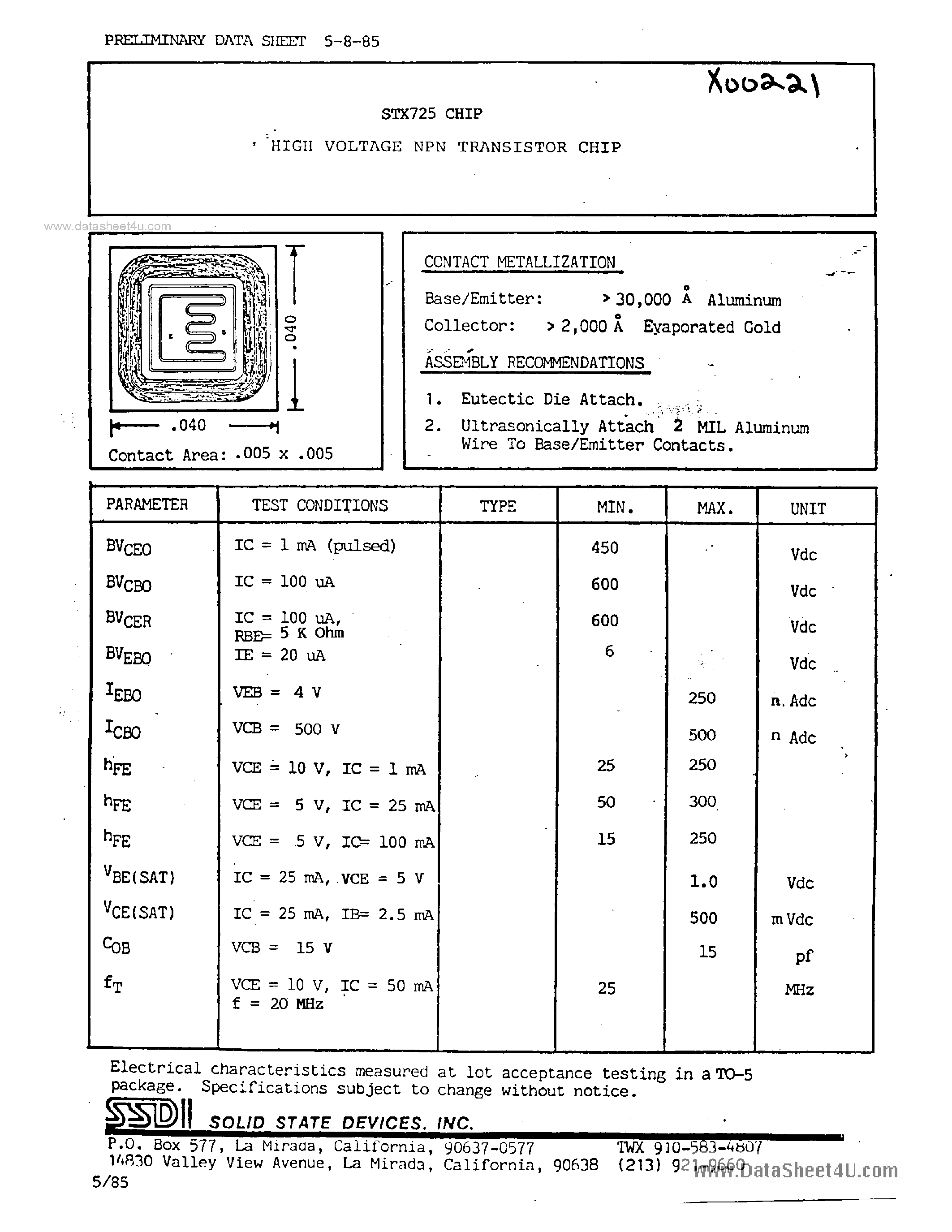 Datasheet STX725 page 1 Datasheet STX725 - HIGH VOLTAGE PNP TRANSISTOR CHIP page 1