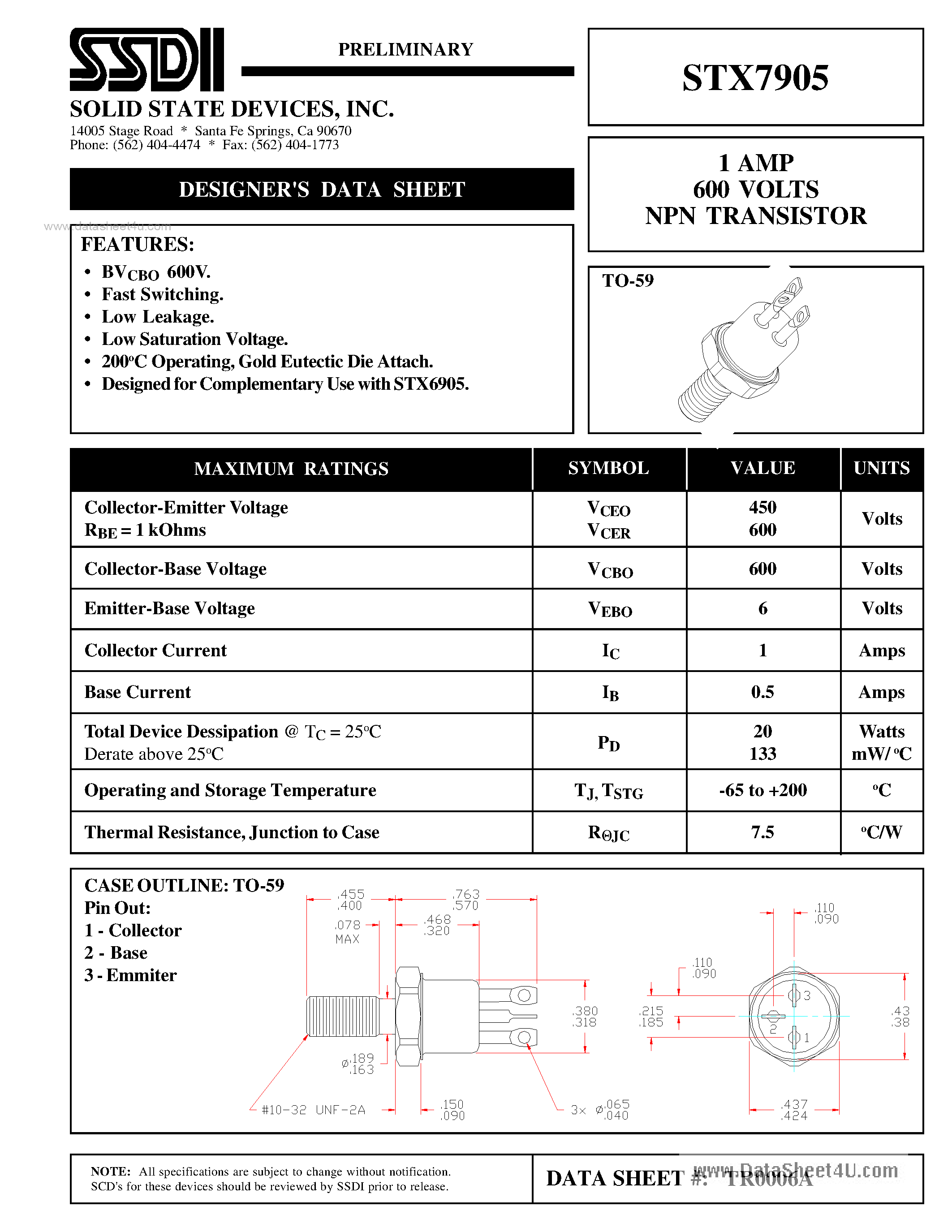 Даташит на микросхему STX7905 страница 1 Даташит STX7905 - 1 AMP 600 VOLTS NPN TRANSISTOR страница 1
