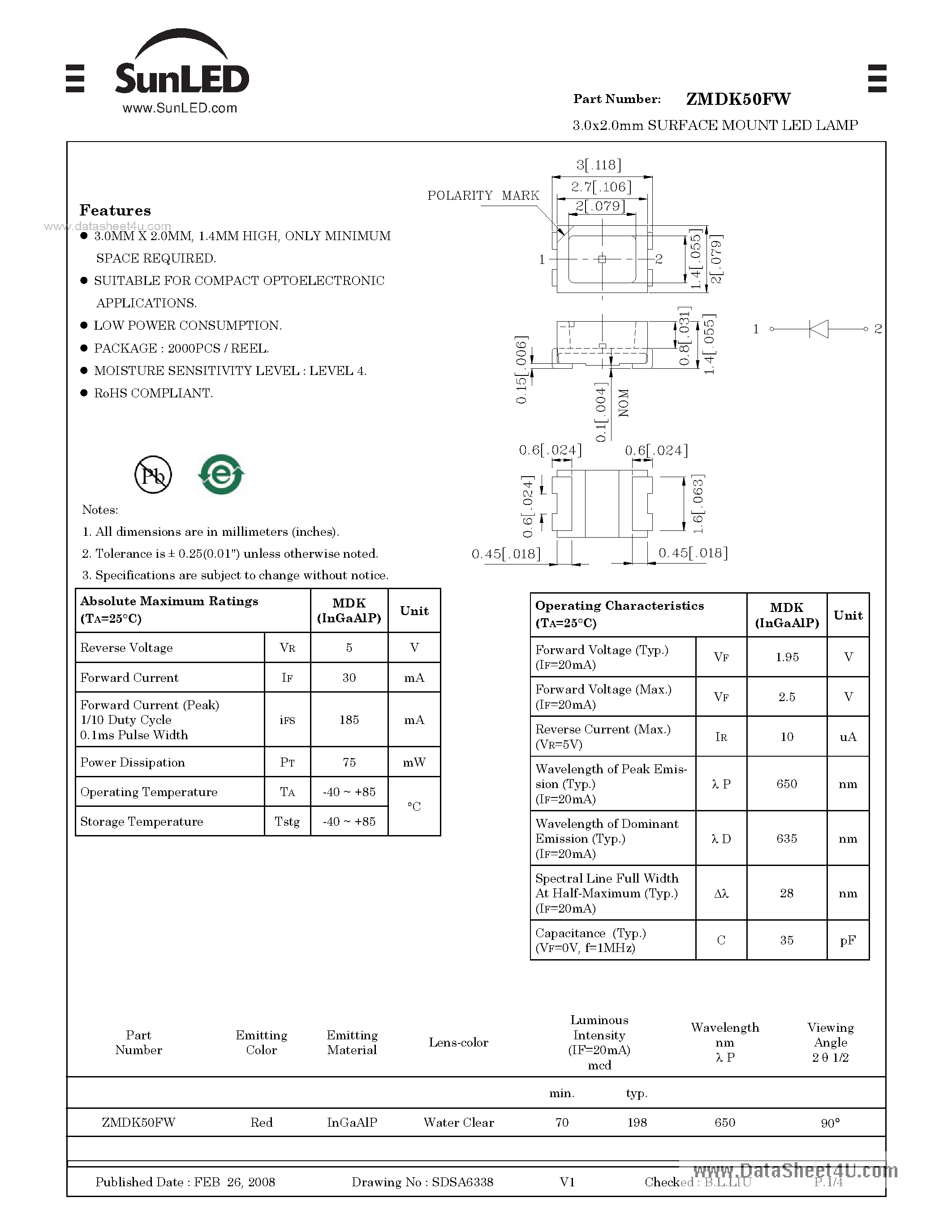 Datasheet ZMDK50FW page 1 Datasheet ZMDK50FW - 3.0x2.0mm SURFACE MOUNT LED LAMP page 1