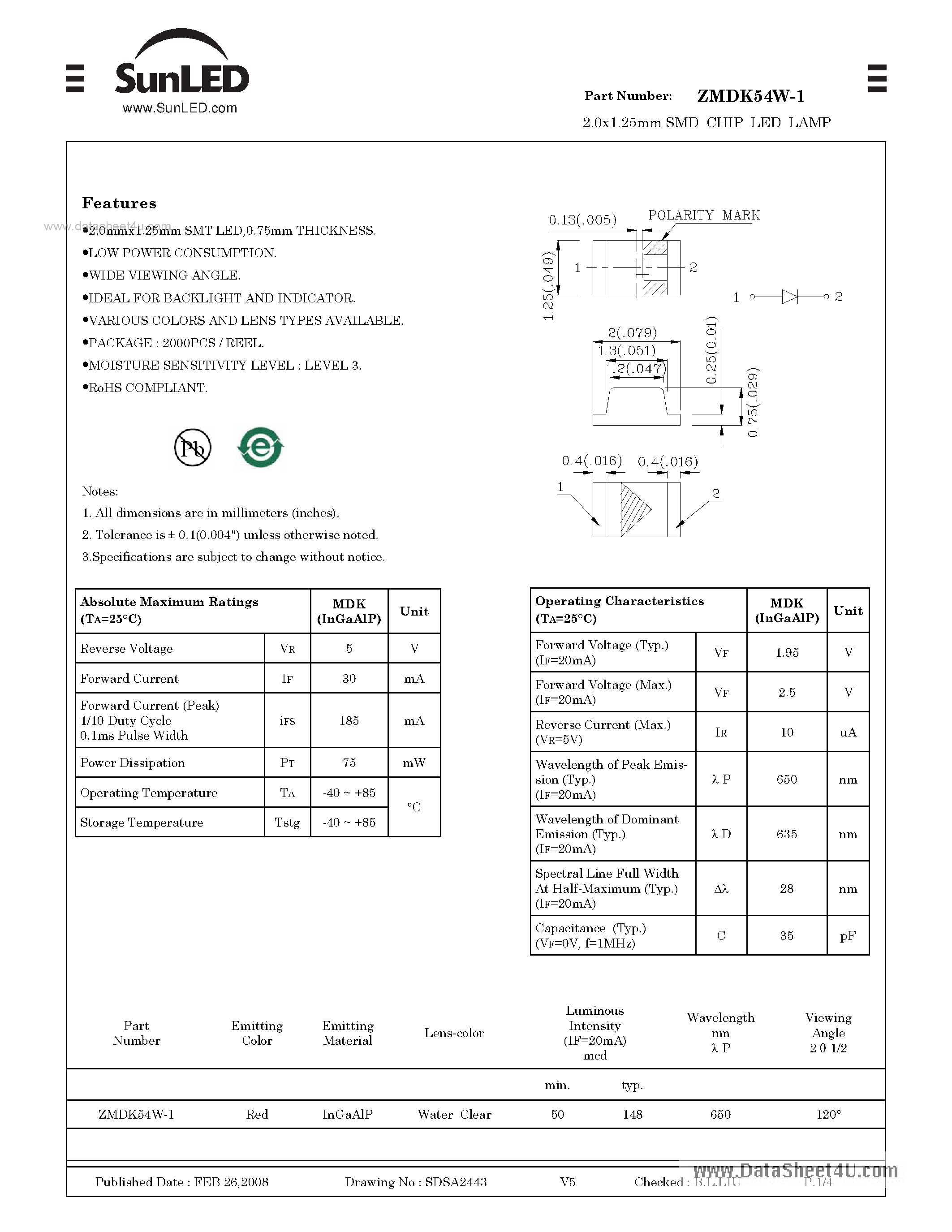 Datasheet ZMDK54W-1 page 1 Datasheet ZMDK54W-1 - SURFACE MOUNT LED LAMP page 1