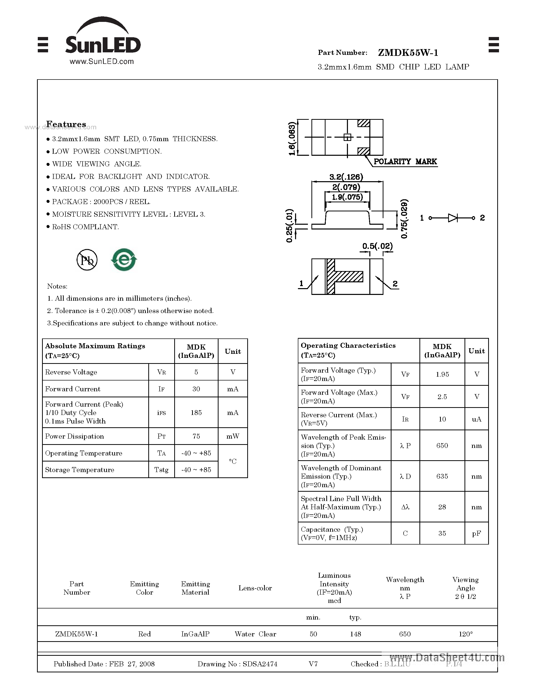 Datasheet ZMDK55W-1 page 1 Datasheet ZMDK55W-1 - SURFACE MOUNT LED LAMP page 1