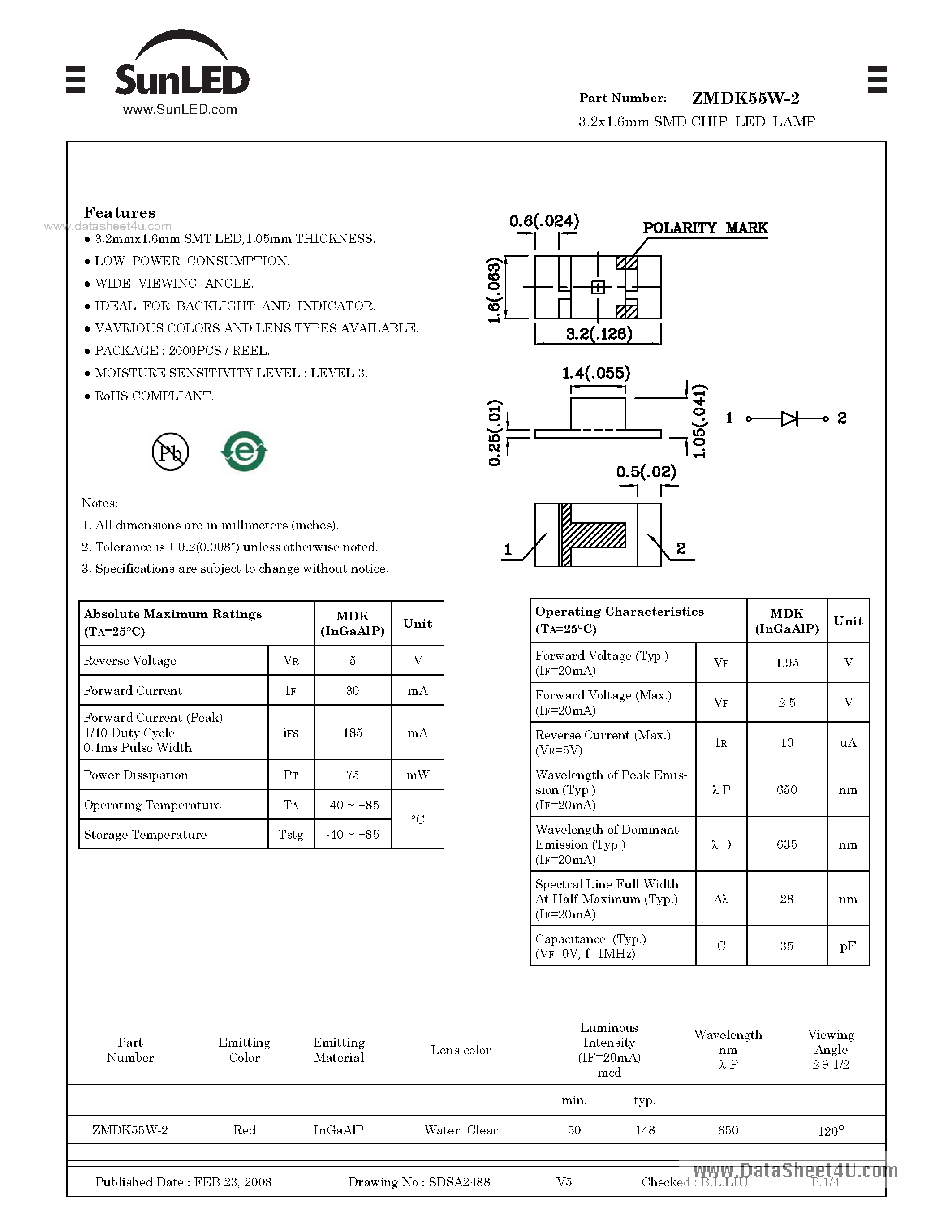 Даташит ZMDK55W-2 - SURFACE MOUNT LED LAMP страница 1