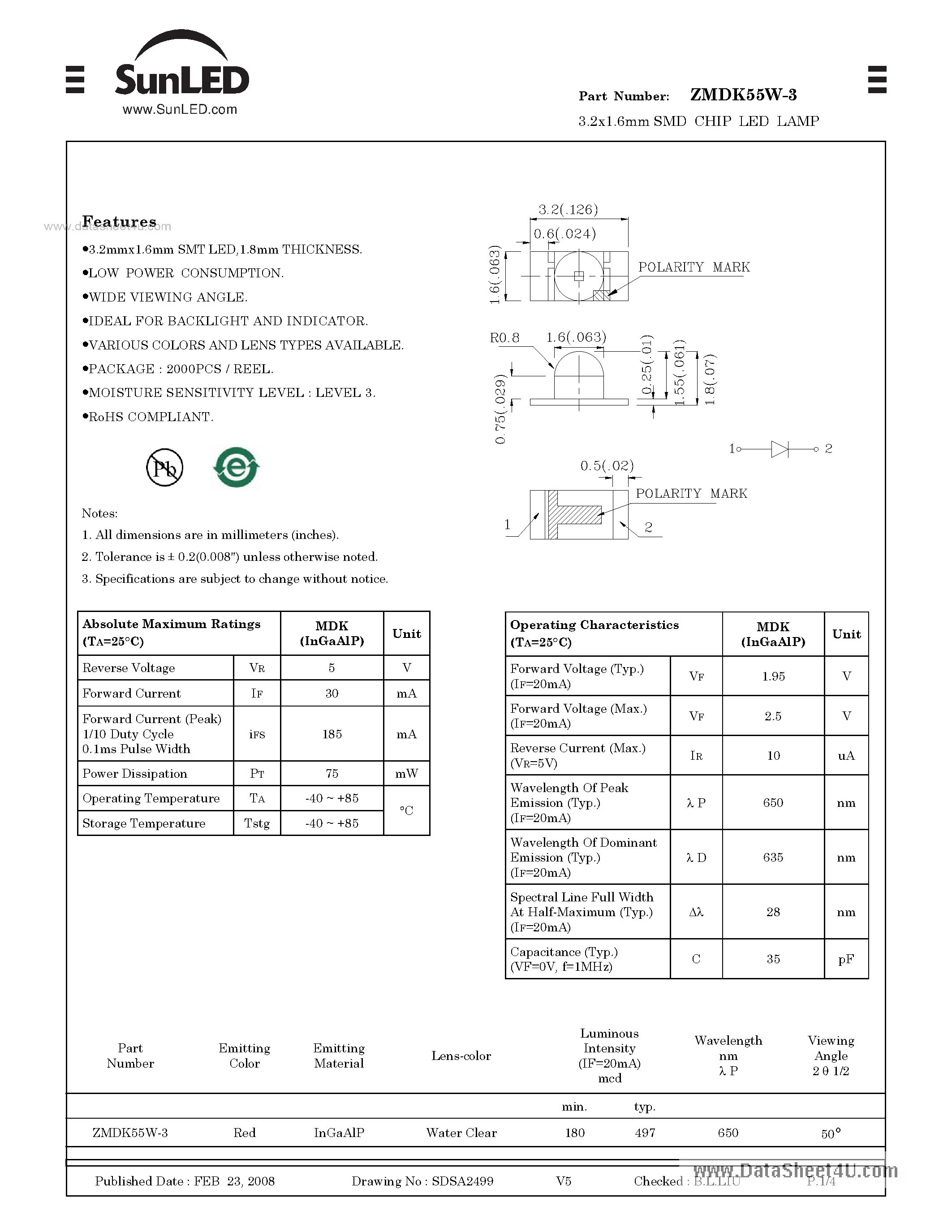 Datasheet ZMDK55W-3 - SURFACE MOUNT LED LAMP page 1
