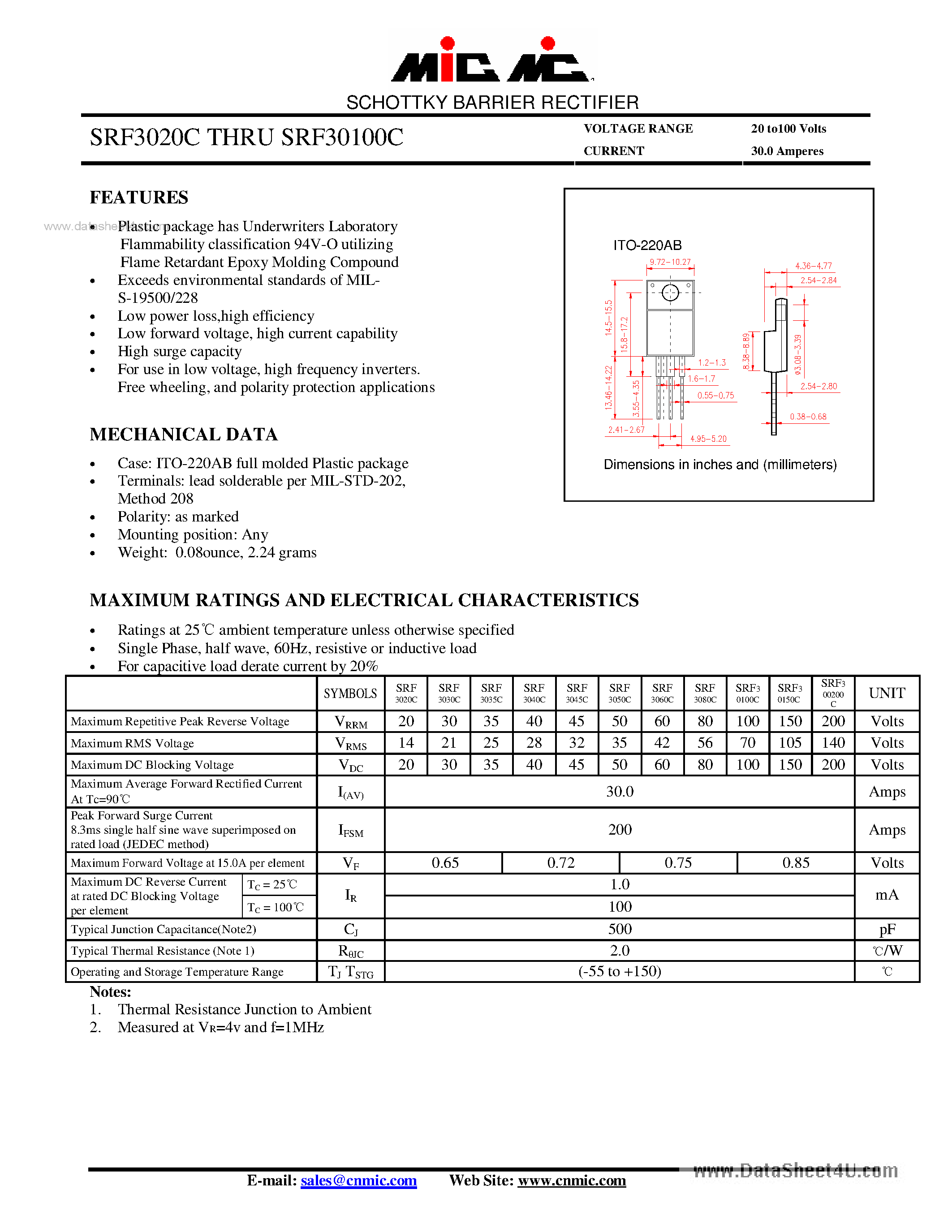 Datasheet SRF30100C - (SRF3020C - SRF30100C) SCHOTTKY BARRIER RECTIFIER page 1