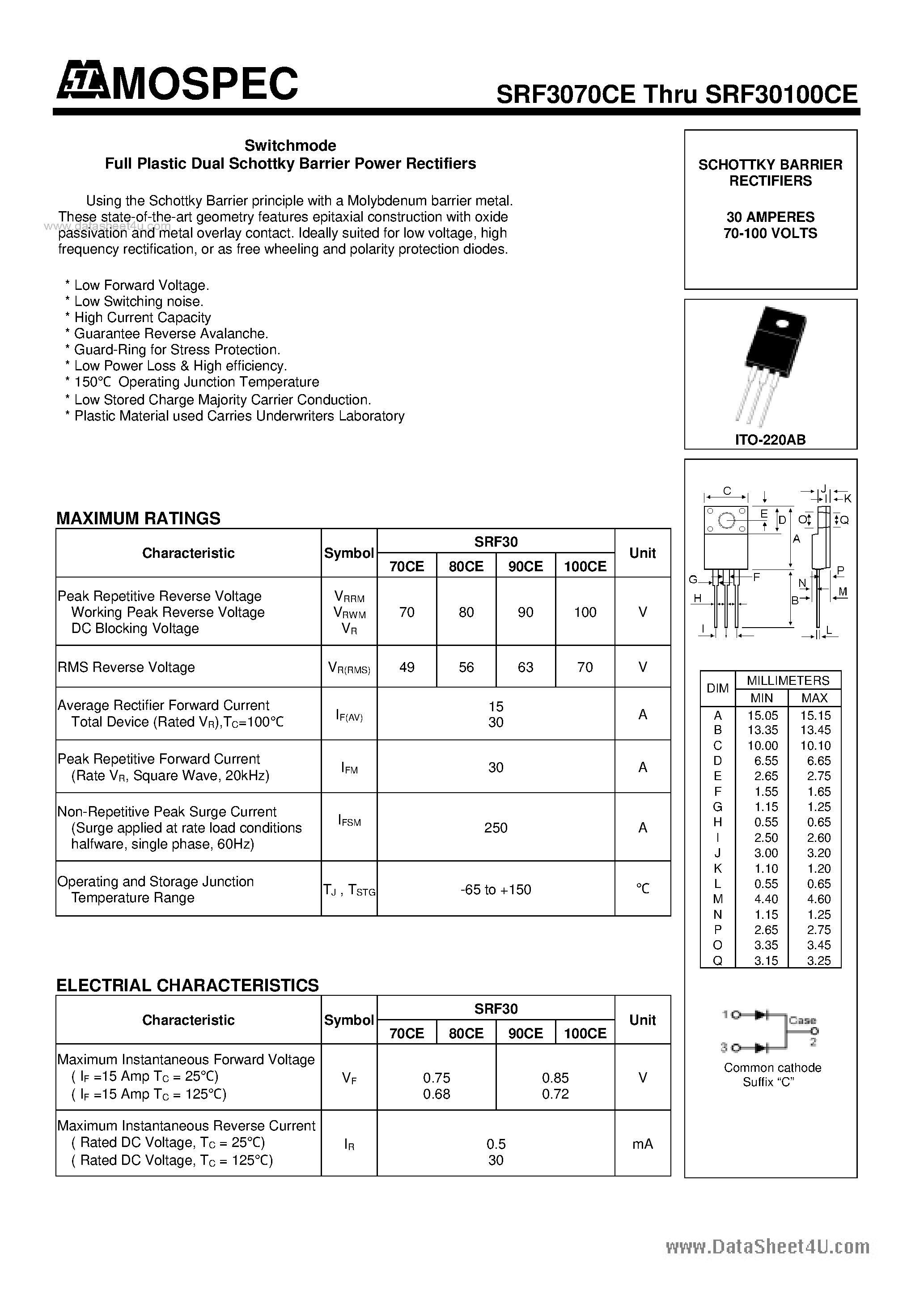 Datasheet SRF30100CE - (SRF3070CE - SRF30100CE) Switchmode Full Plastic Dual Schottky Barrier Power Rectifiers page 1